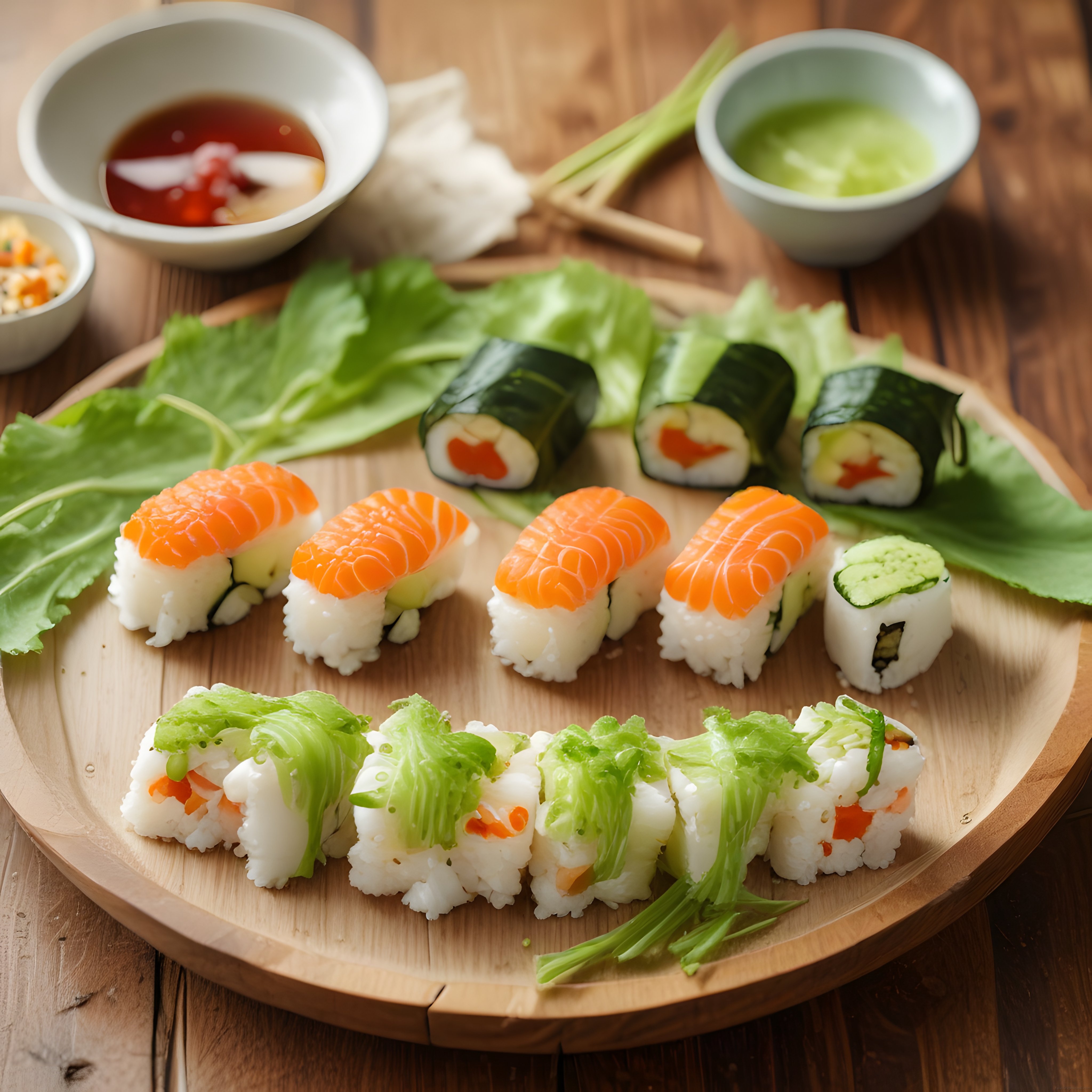 Rustik Ahşap Sunum Tahtasında Taze Somon Nigiri ve Ev Yapımı Sushi Çeşitleri