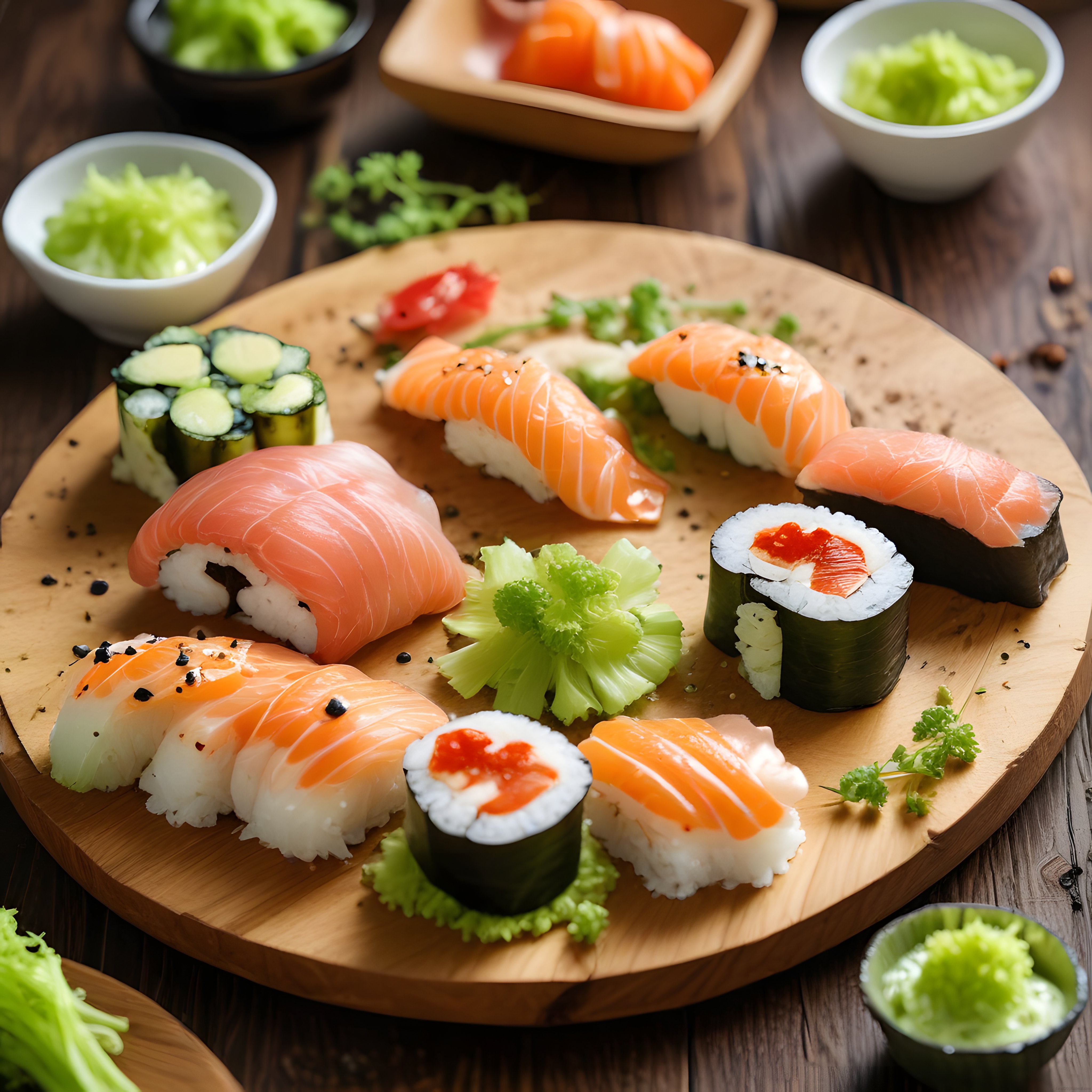 Rustik Ahşap Sunum Tahtasında Taze Somon Nigiri ve Maki Sushi Çeşitleri