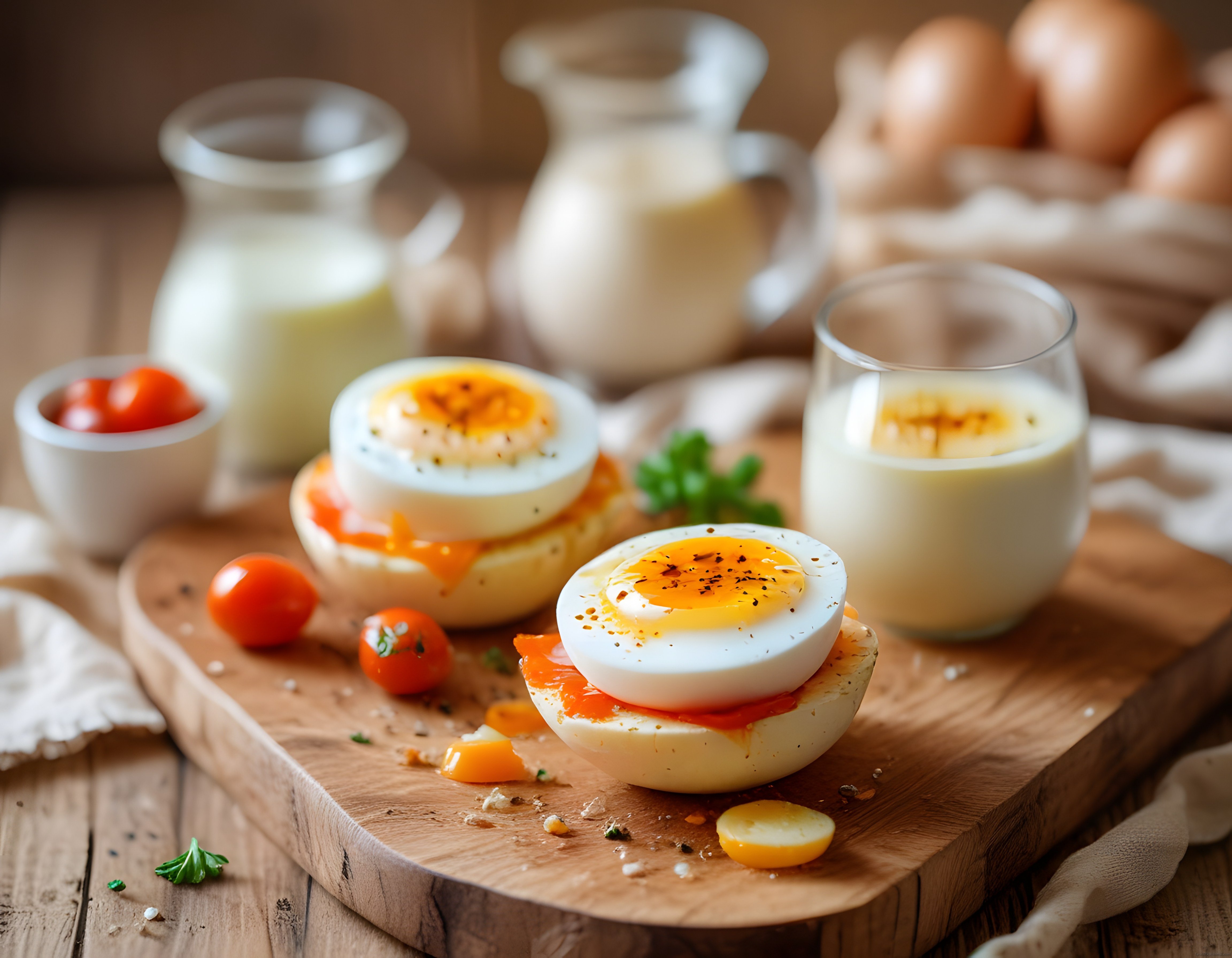 Rustik Ahşap Sunum Tahtasında Yumuşak Haşlanmış Yumurta ve Kahvaltı Keyfi