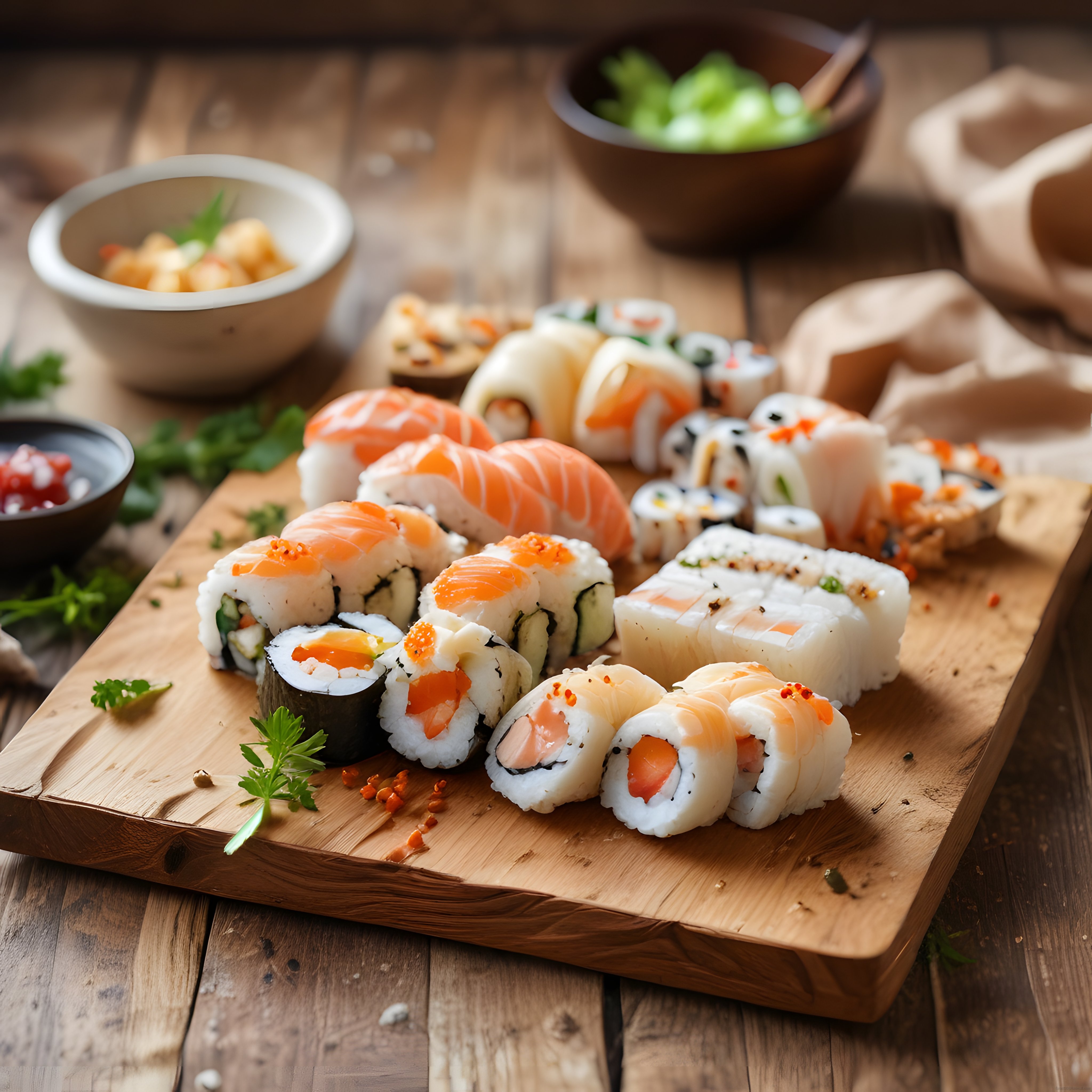 Rustik Ahşap Sunum Üzerinde Çeşitli Japon Sushi Çeşitleri ve Soslar