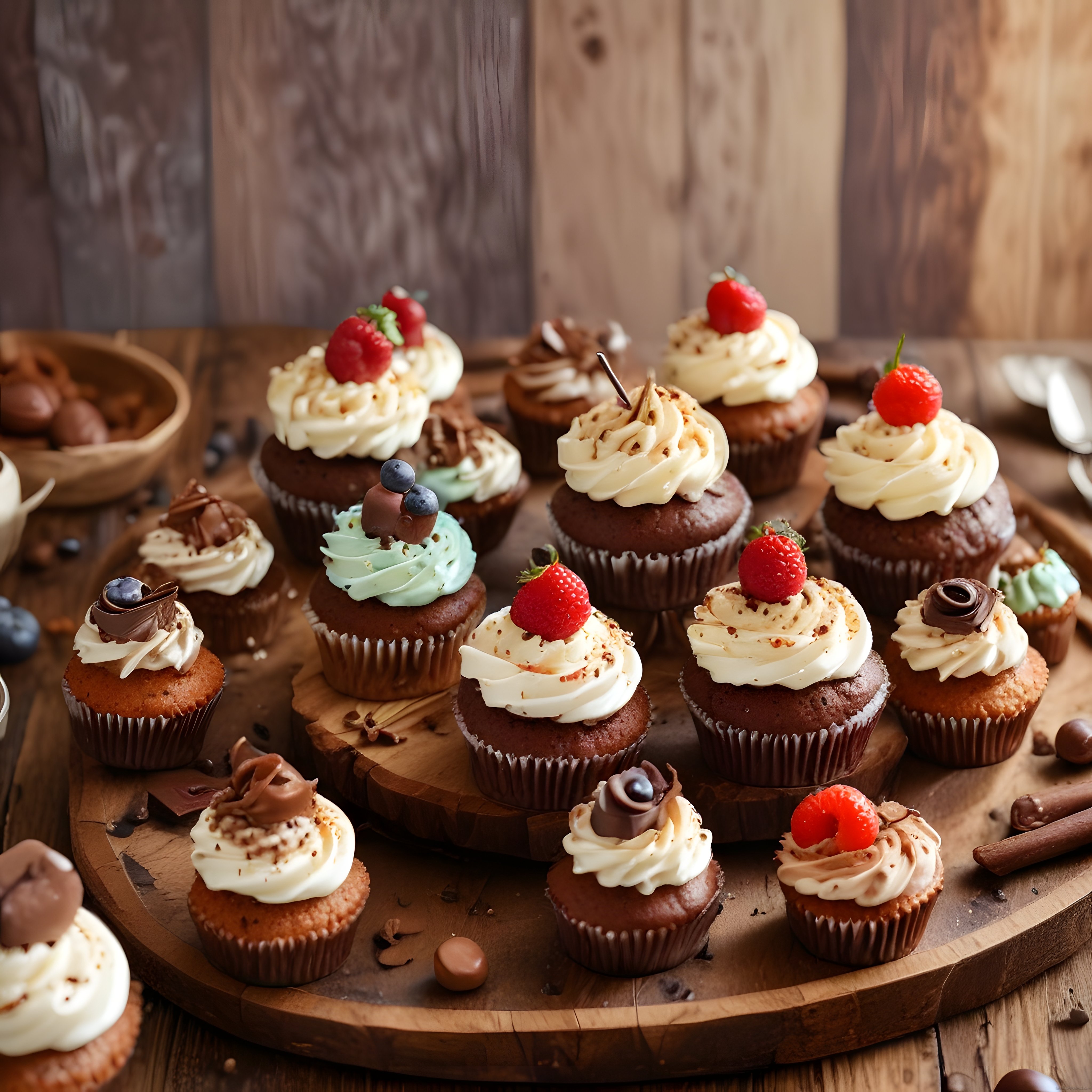 Rustik Ahşap Sunum Üzerinde Çeşitli Meyveli ve Çikolatalı Cupcake'ler
