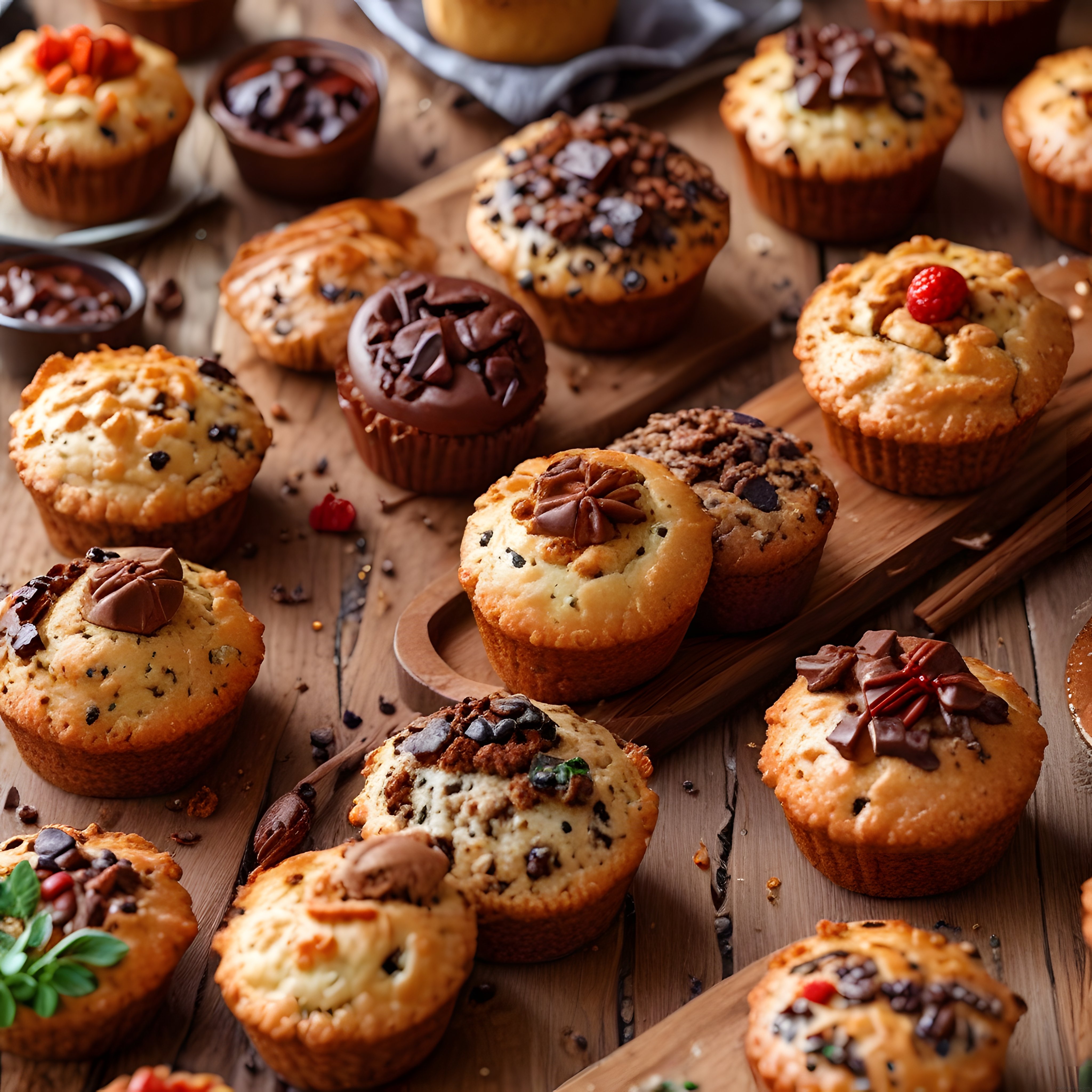 rustik ahşap sunum üzerinde çikolatalı ve fındıklı ev yapımı muffin çeşitleri