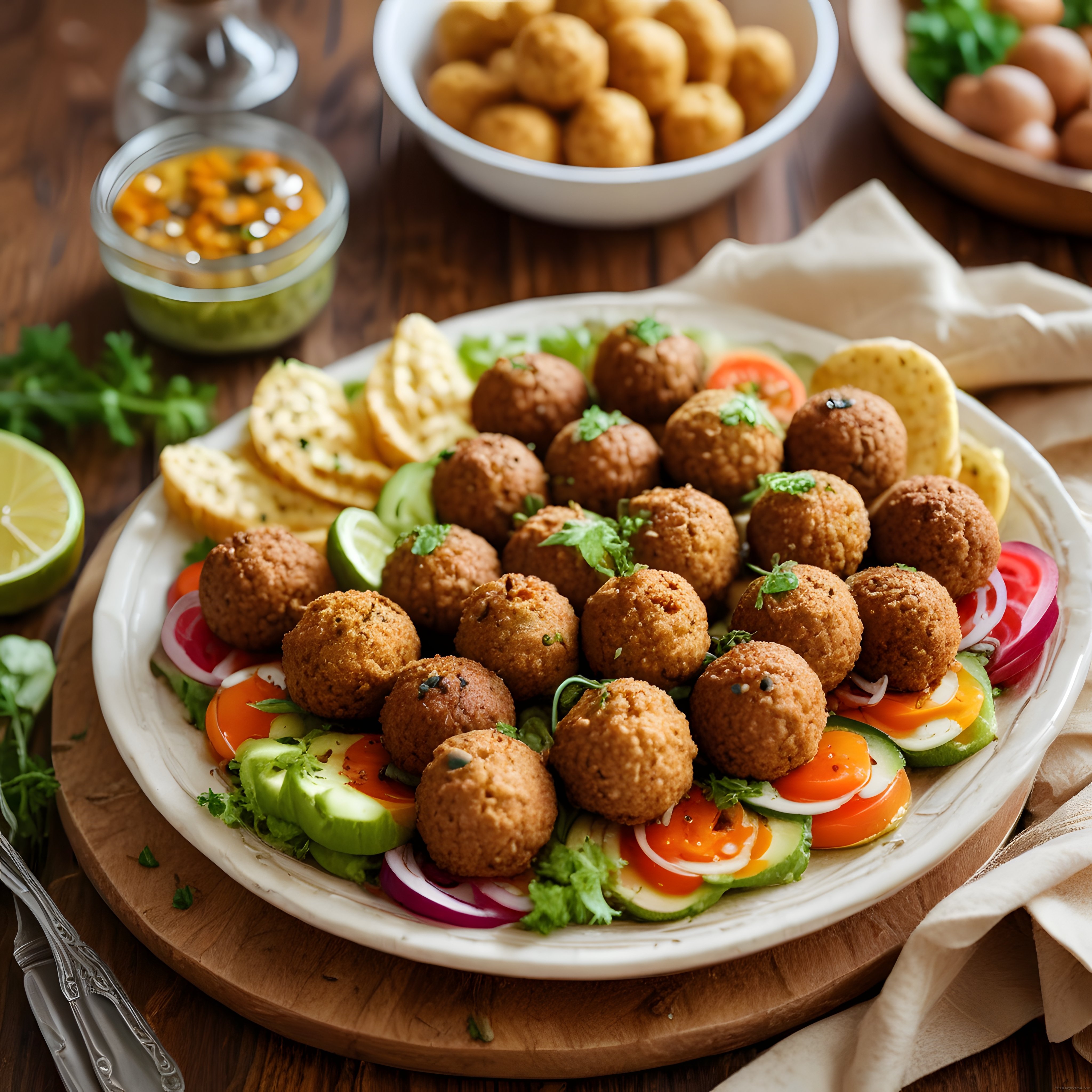 rustik ahşap sunum üzerinde çıtır falafel ve taze sebze tabağı