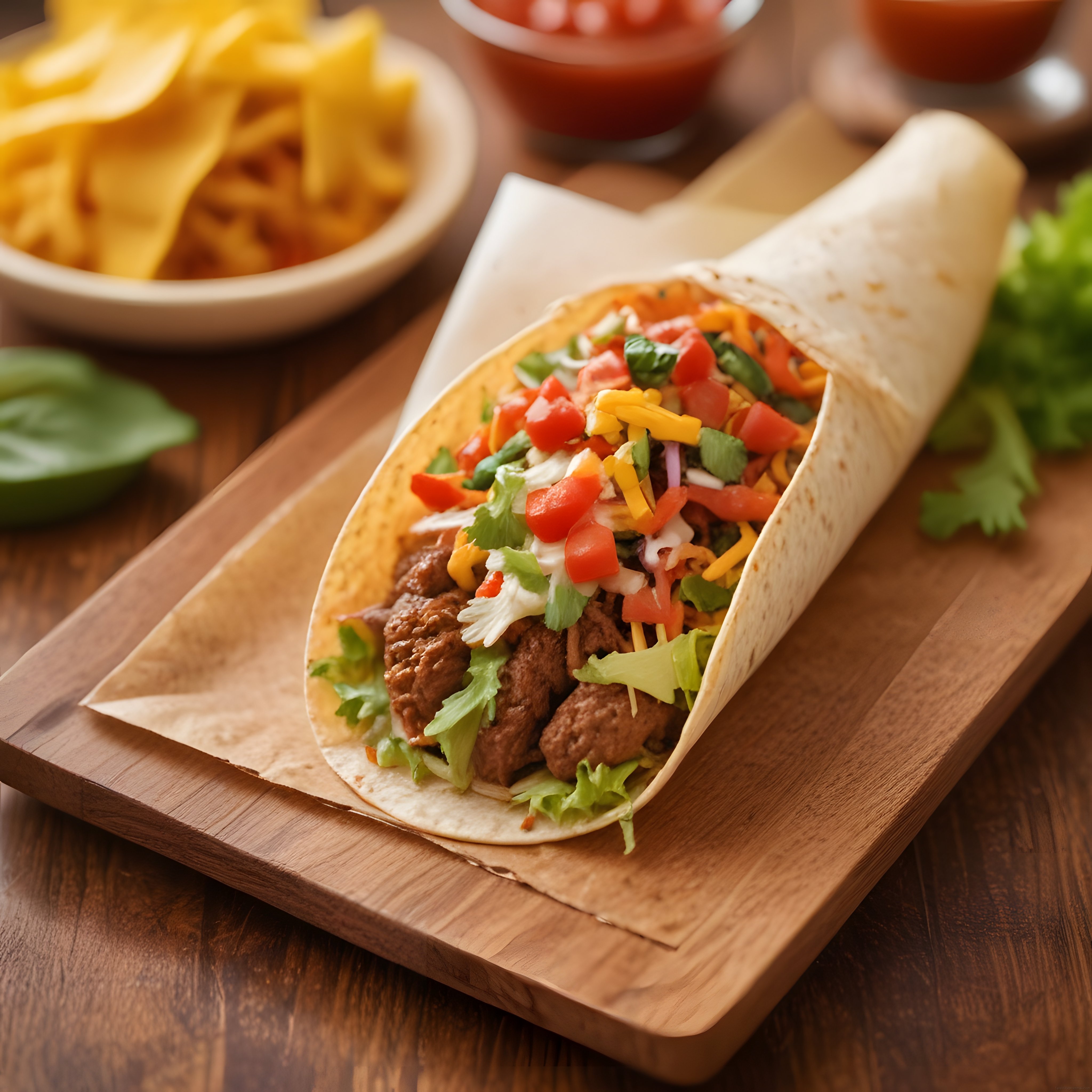 Rustik Ahşap Sunum Üzerinde Etli Burrito ve Meksika Atıştırmalıkları