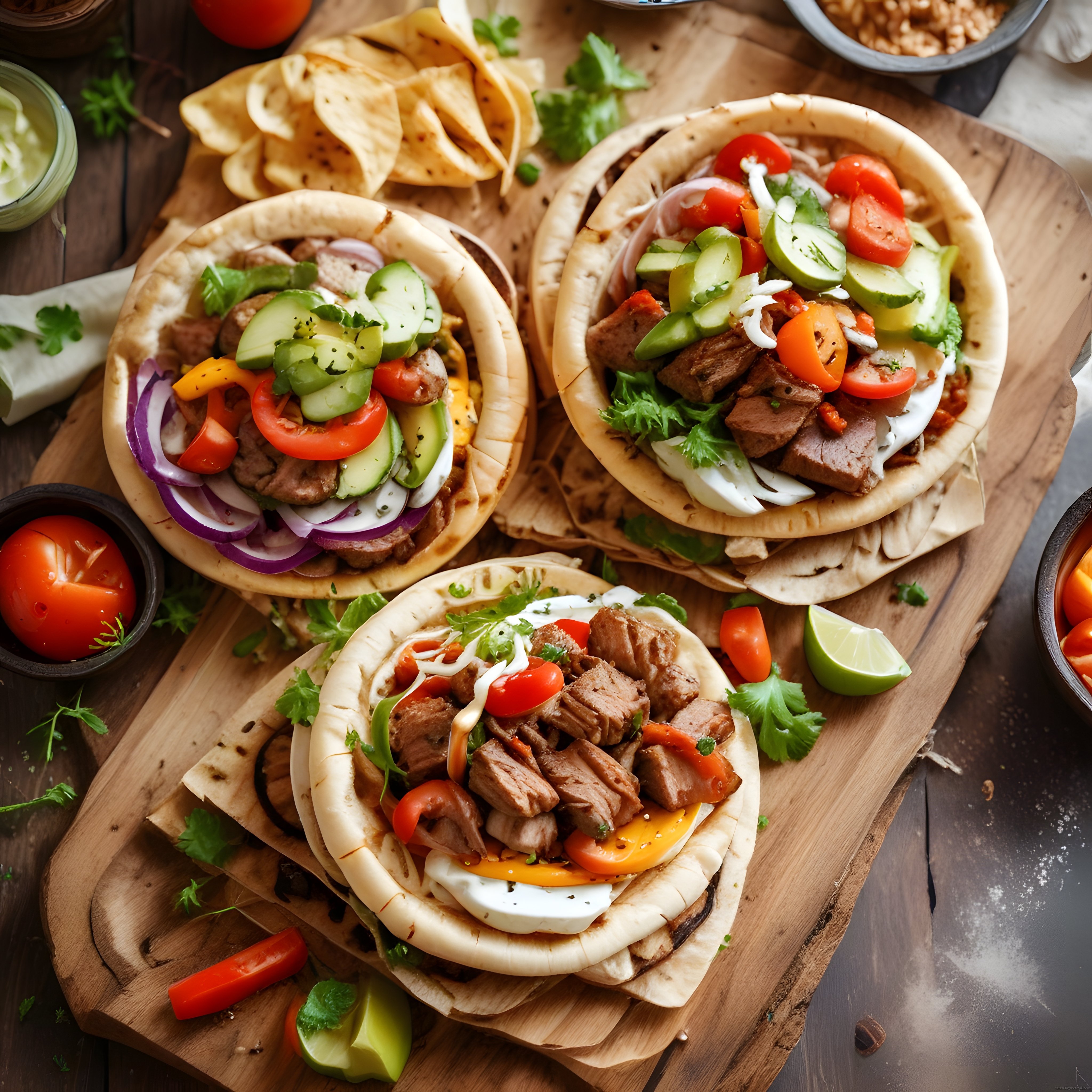 Rustik Ahşap Sunum Üzerinde Etli Sebzeli Tacos ve Mısır Cipsleri