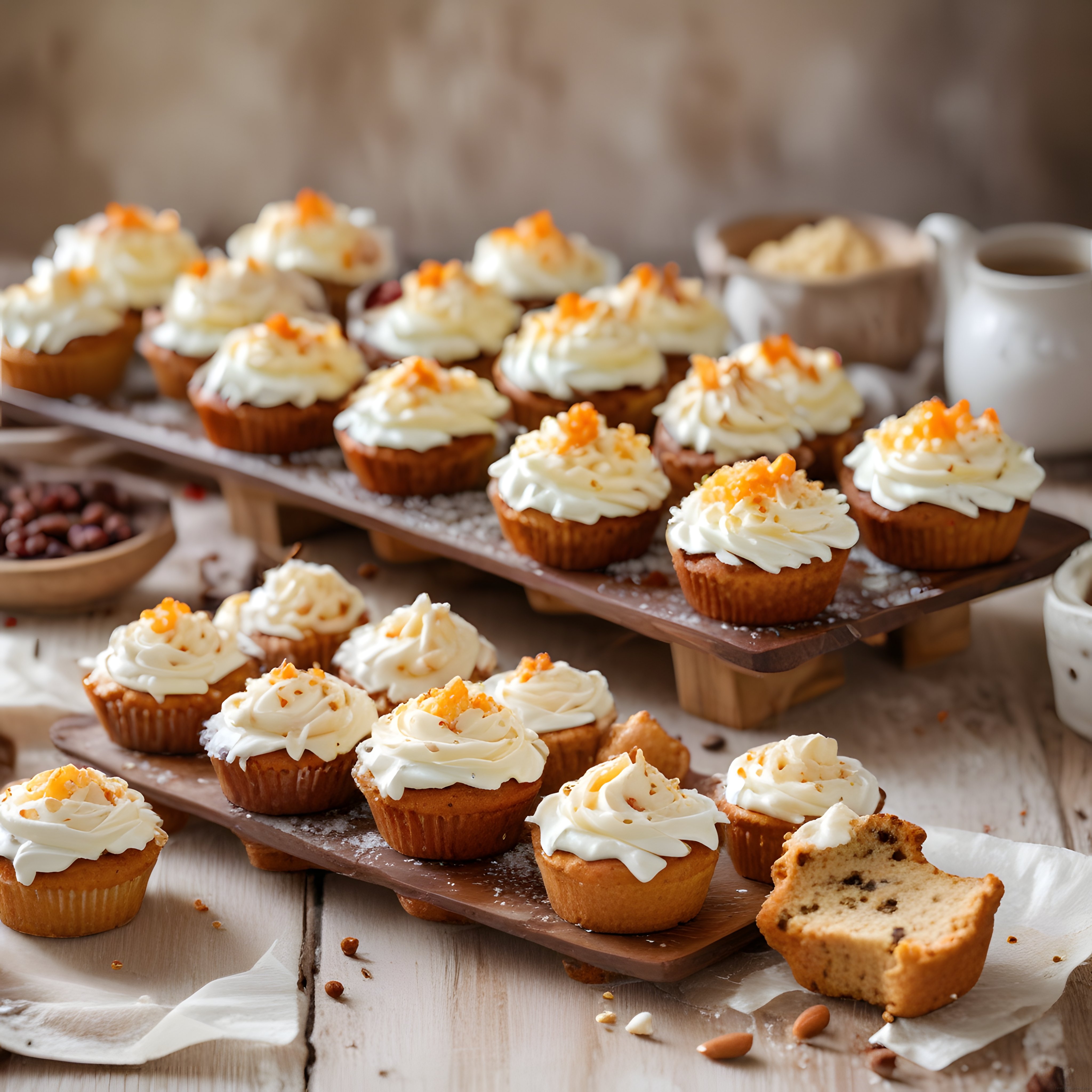 Rustik Ahşap Sunum Üzerinde Krema Süslü Taze Cupcake ve Muffin Çeşitleri