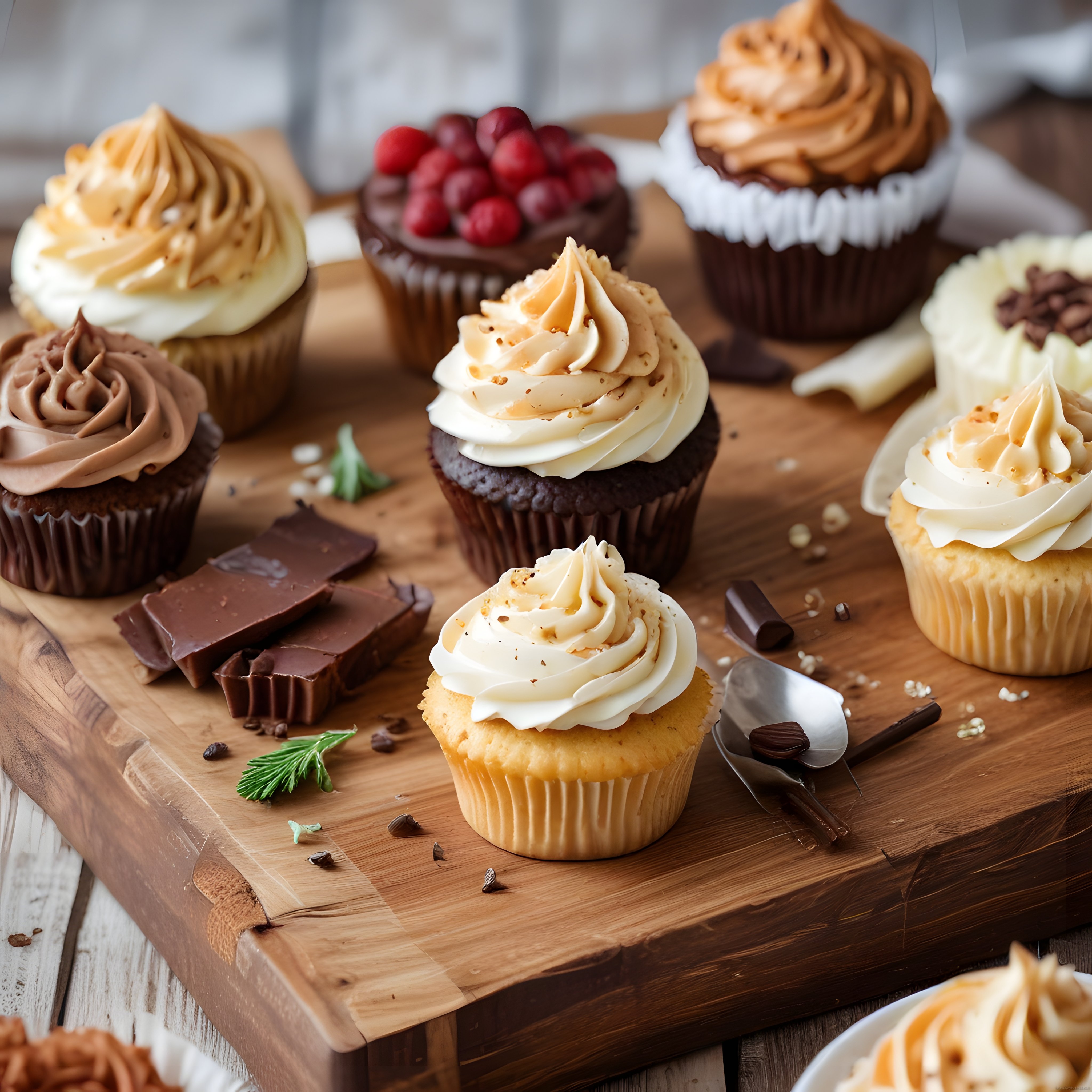 Rustik Ahşap Sunum Üzerinde Kremalı Cupcake Çeşitleri ve Çikolata Parçaları
