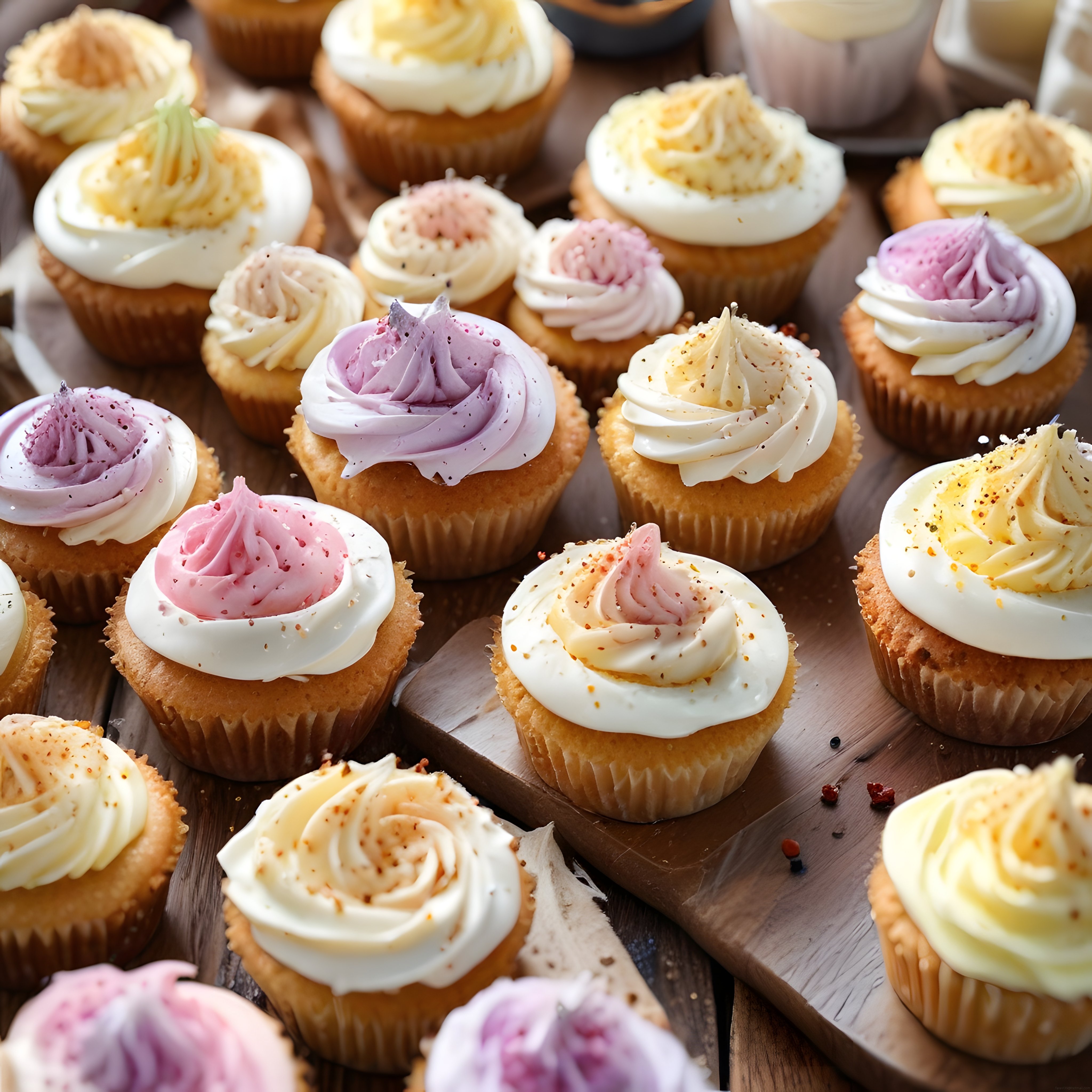 Rustik Ahşap Sunum Üzerinde Renkli Krema Süslemeli Taze Cupcake'ler
