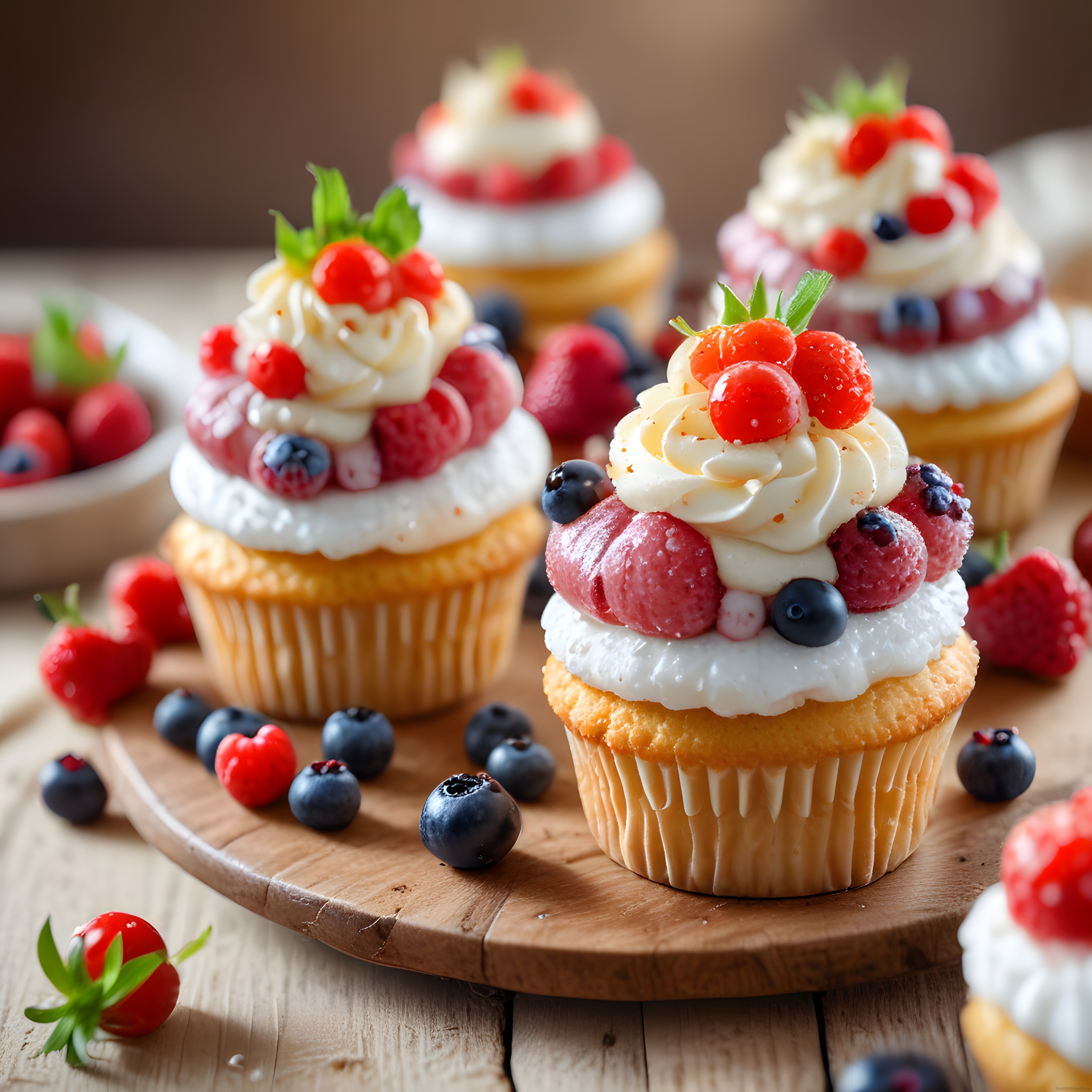Rustik Ahşap Sunum Üzerinde Taze Orman Meyveli Kremalı Cupcake'ler