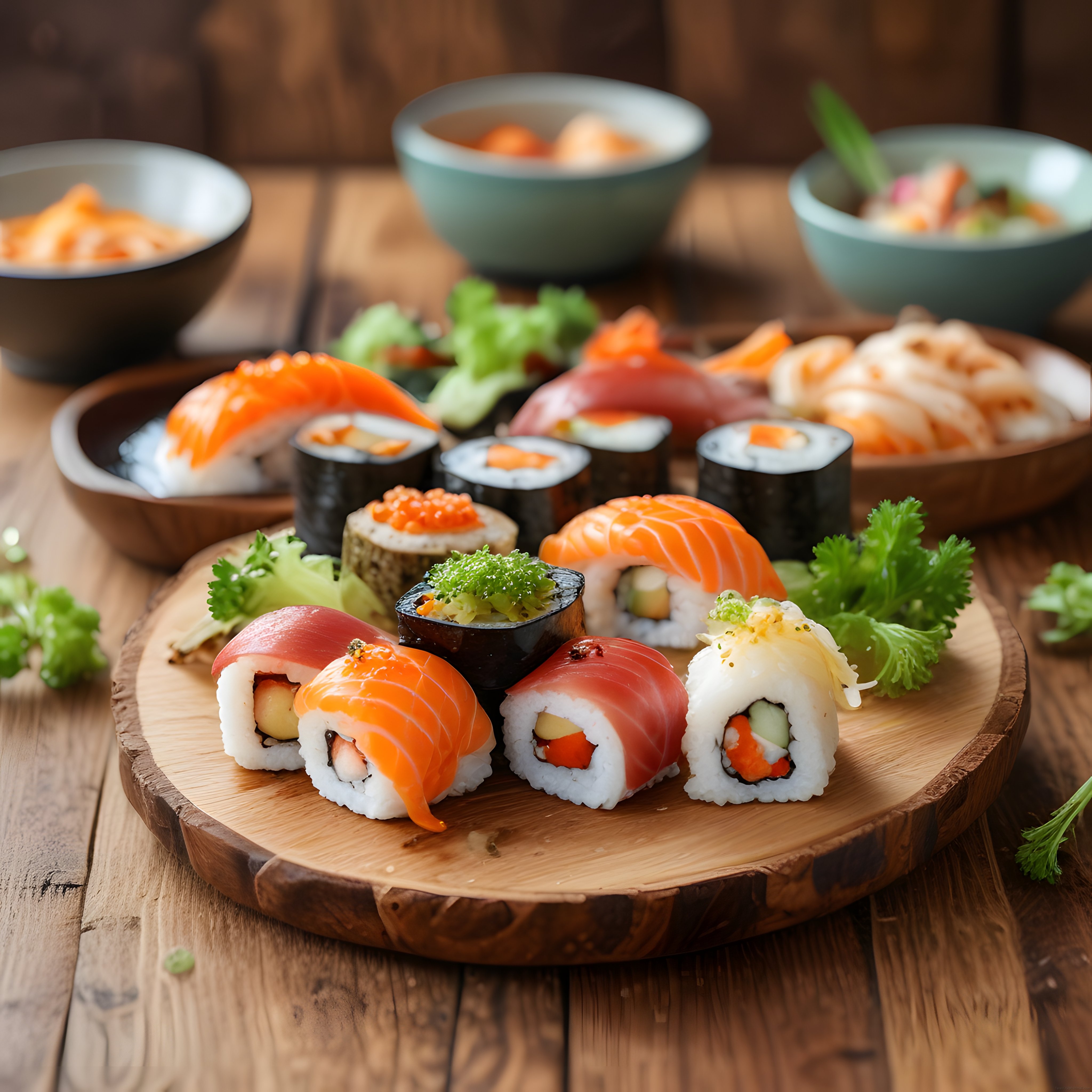 Rustik Ahşap Sunum Üzerinde Taze Somonlu ve Ton Balıklı Sushi Çeşitleri