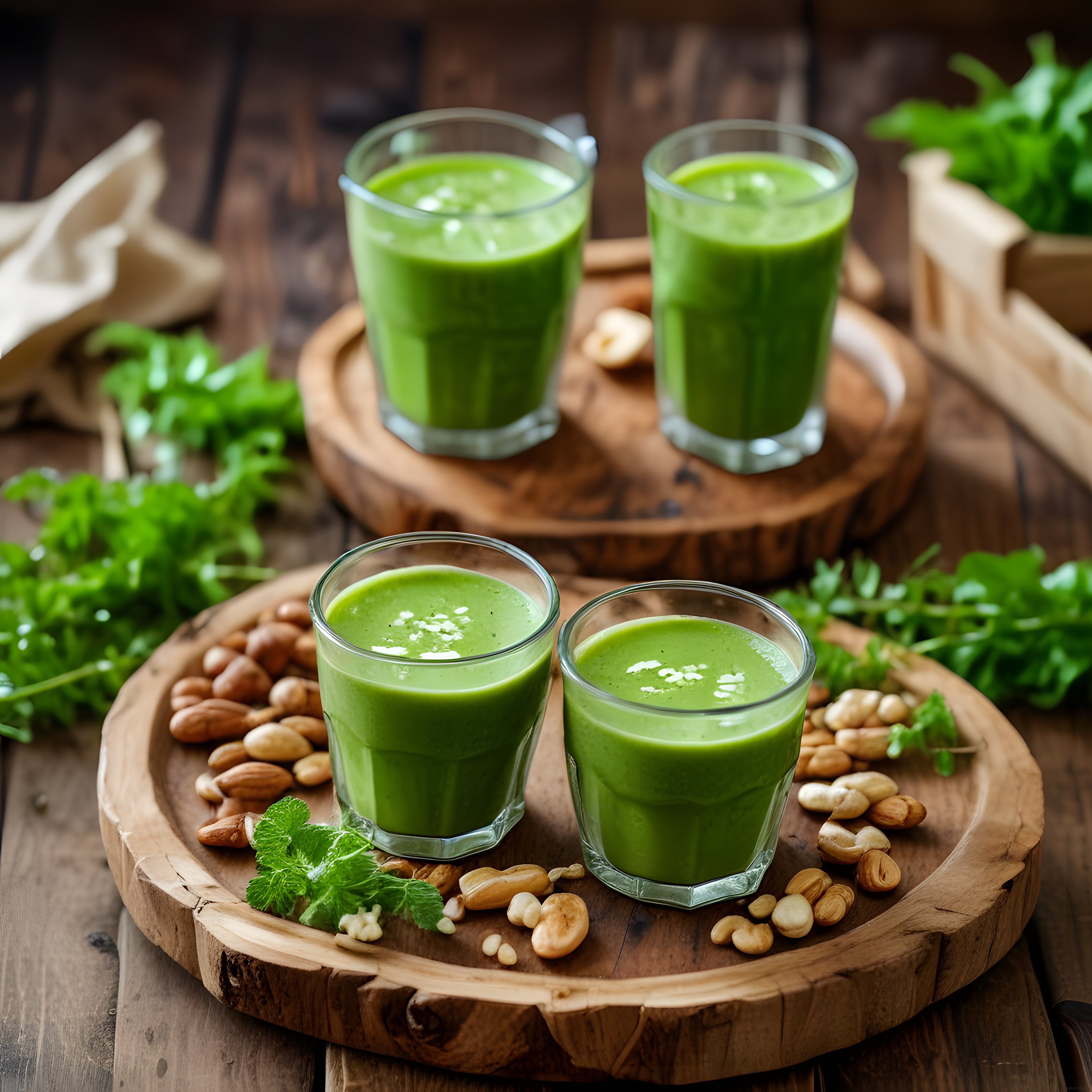 rustik ahşap sunum üzerinde taze yeşil smoothie'ler ve kuruyemiş eşliği