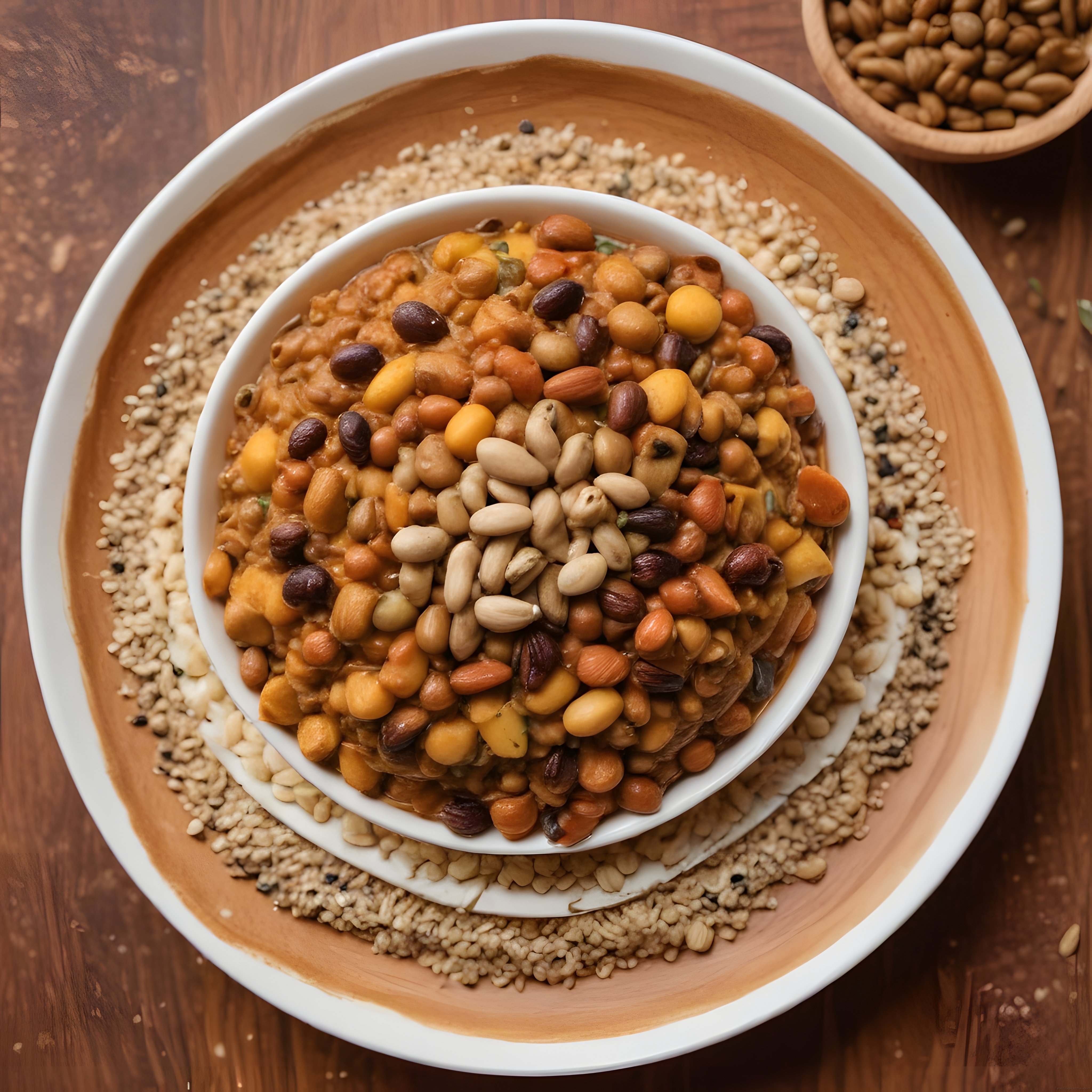 Rustik ahşap sunumda bakliyat ve tahıl karışımı: protein dolu besleyici kase