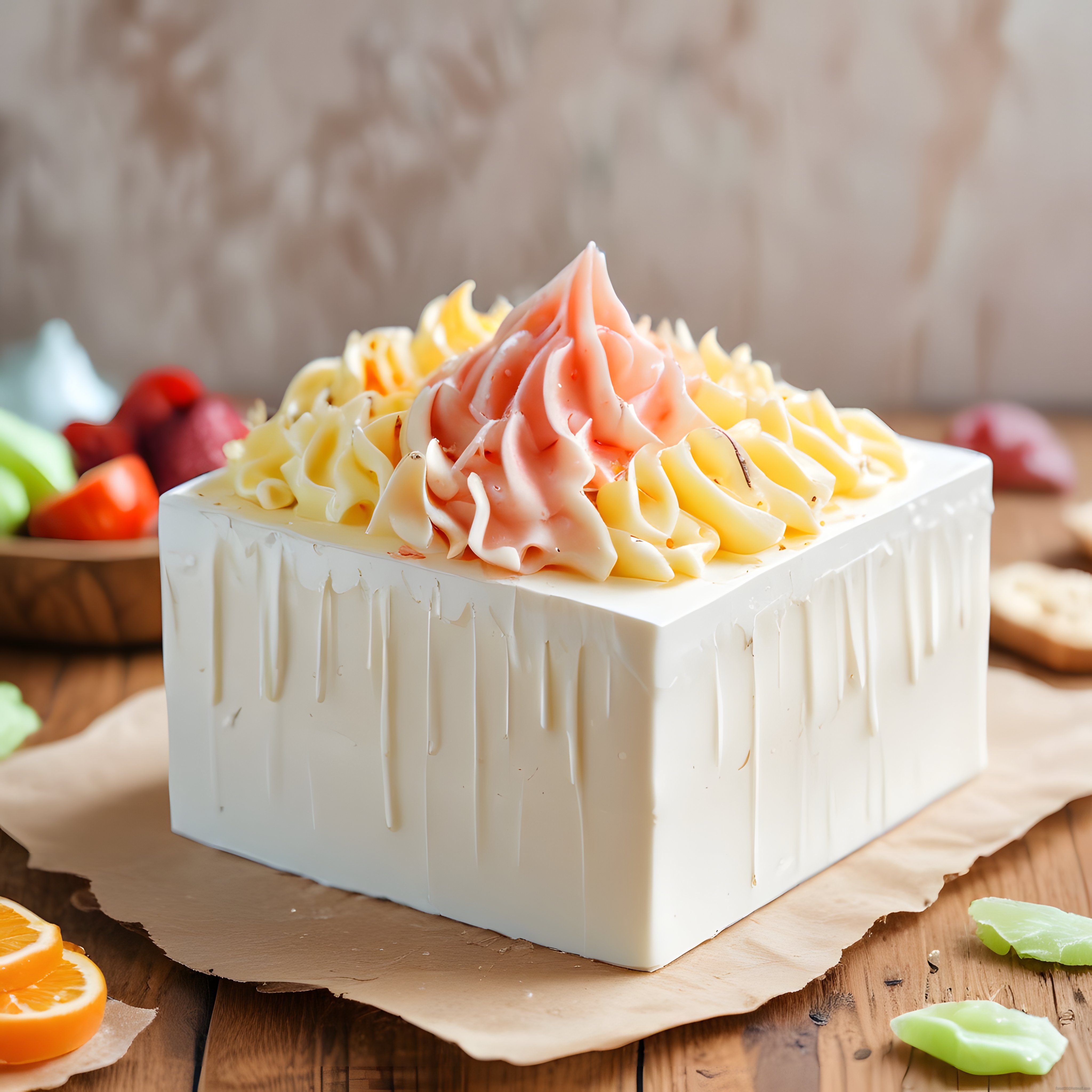 Rustik Ahşap Sunumda Beyaz Çikolatalı Kare Pasta ve Portakal Dilimleri