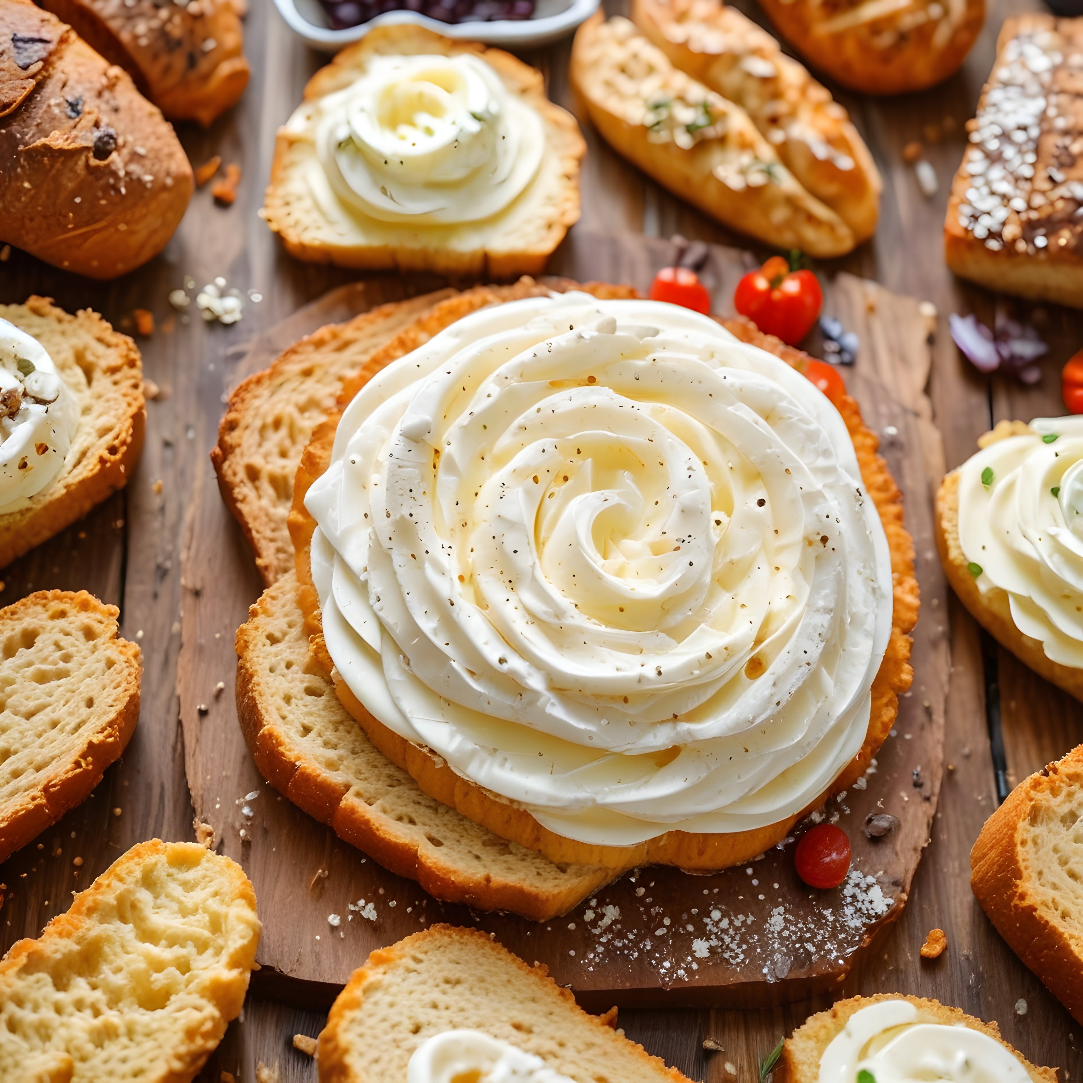 rustik ahşap sunumda bol krem peynirli ekmek dilimleri ve kahvaltı keyfi