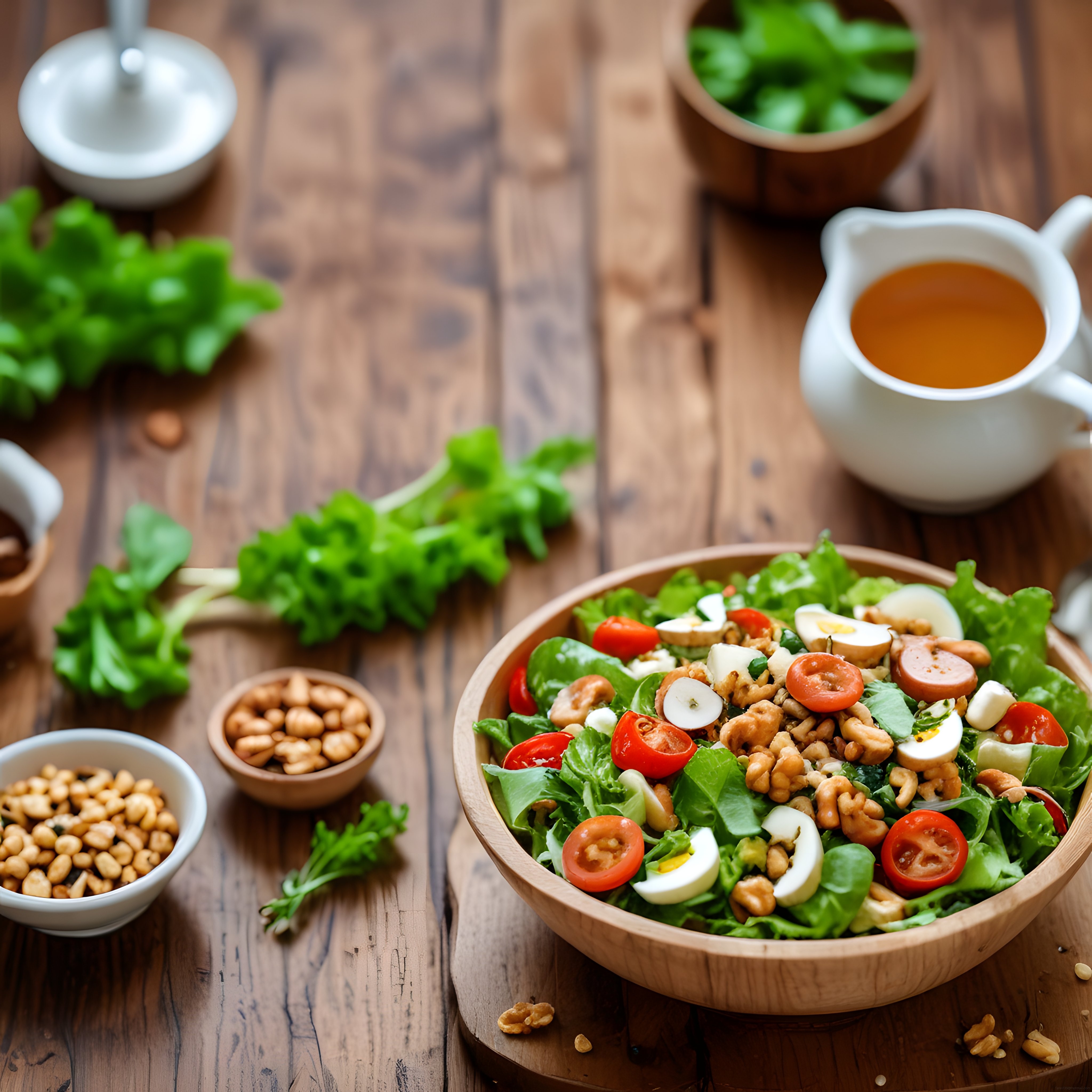 Rustik Ahşap Sunumda Cevizli ve Yumurtalı Vitamin Deposu Salata Kasesi