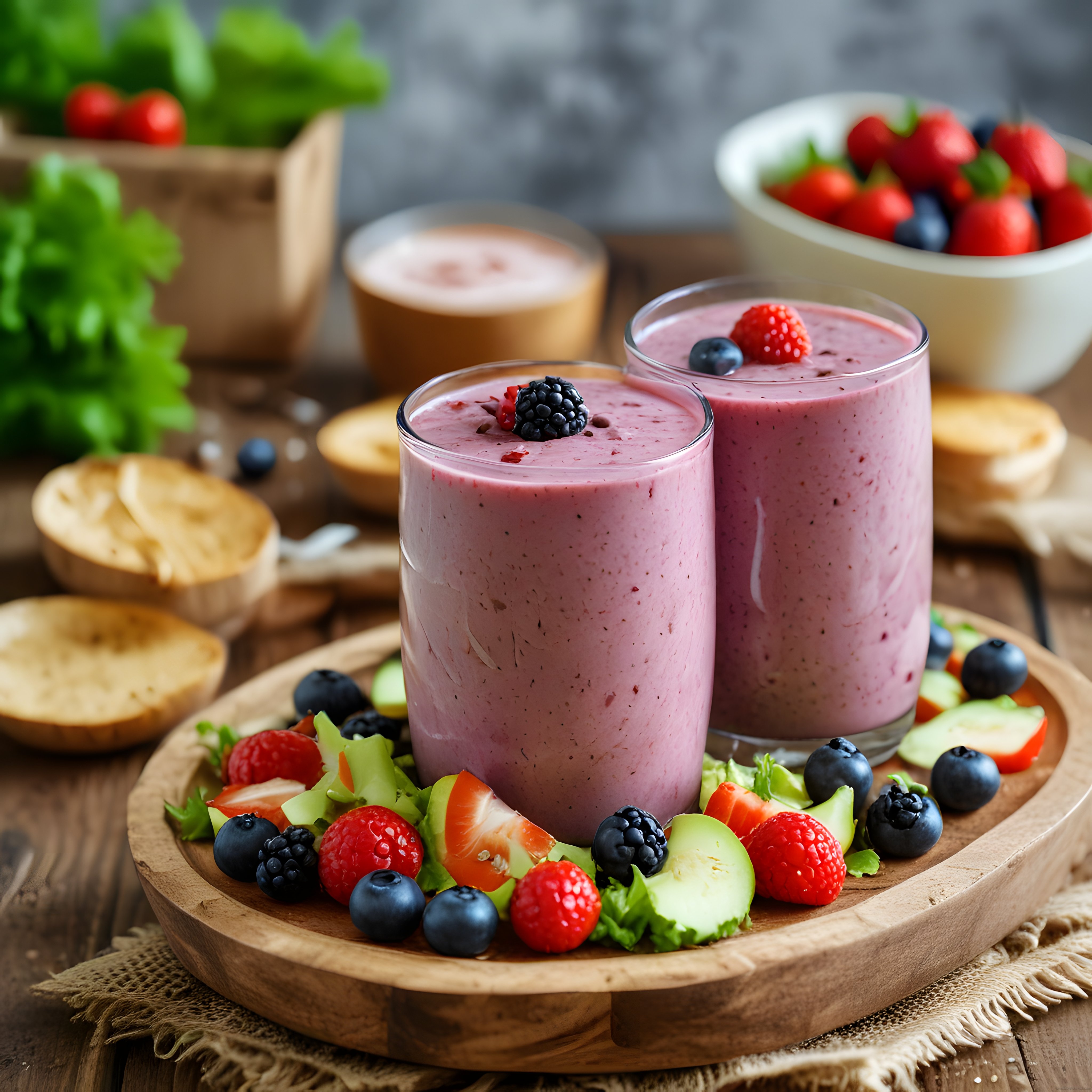 Rustik Ahşap Sunumda Çift Bardak Berry Smoothie ve Taze Meyve Süslemeleri