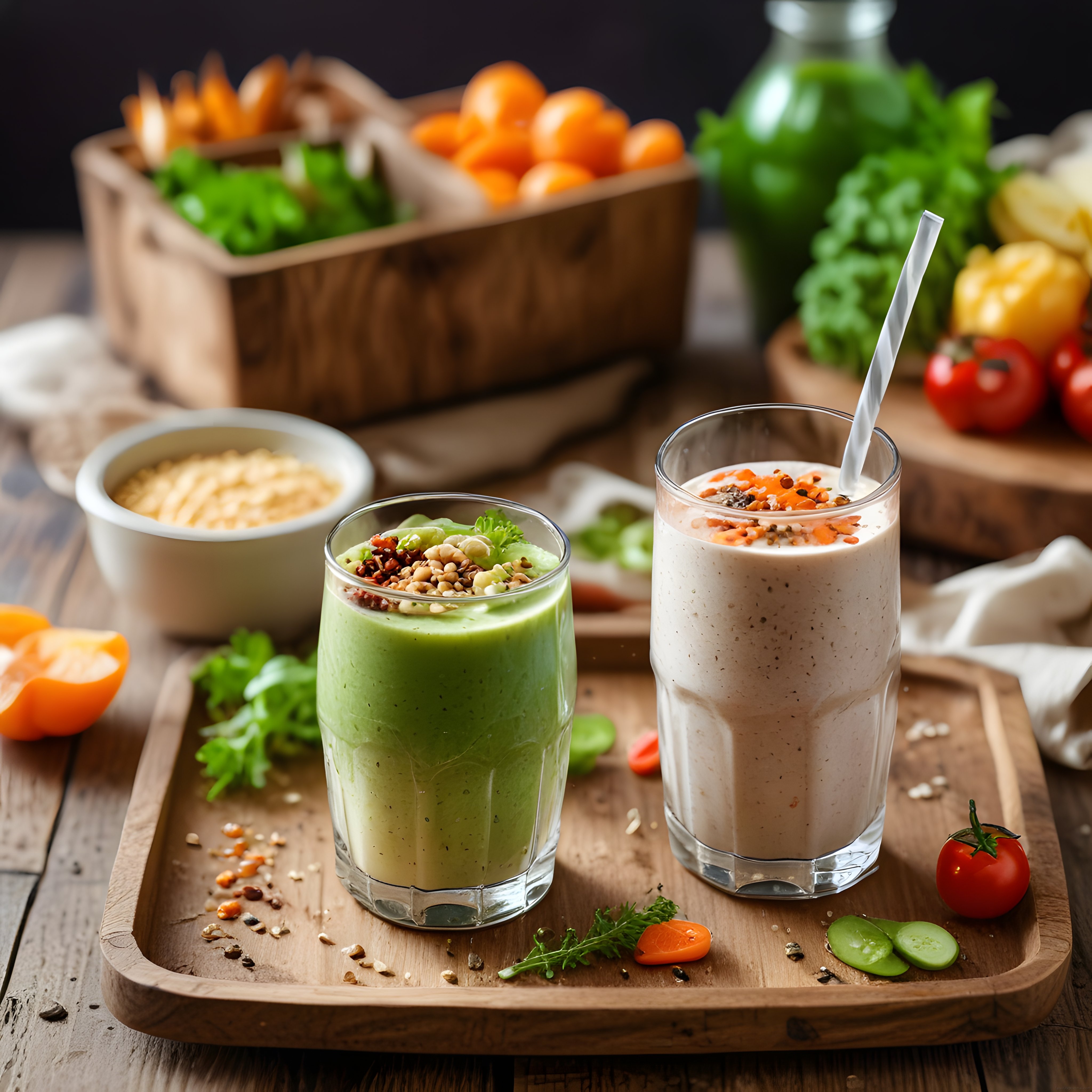 Rustik Ahşap Sunumda Çift Renkli Sağlıklı Smoothie ve Detoks İçeceği