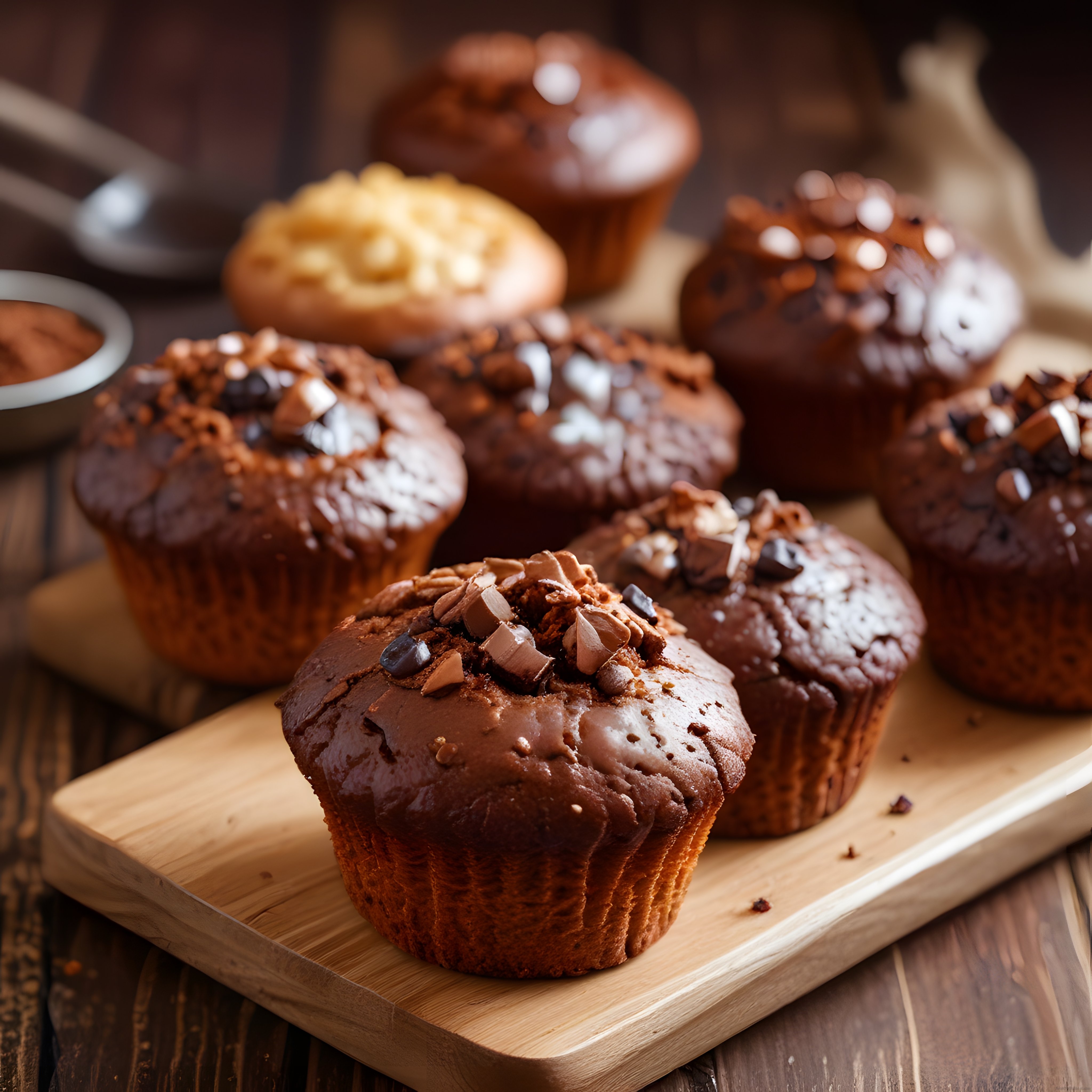 Rustik Ahşap Sunumda Çikolata Soslu ve Parçacıklı Ev Yapımı Muffinler