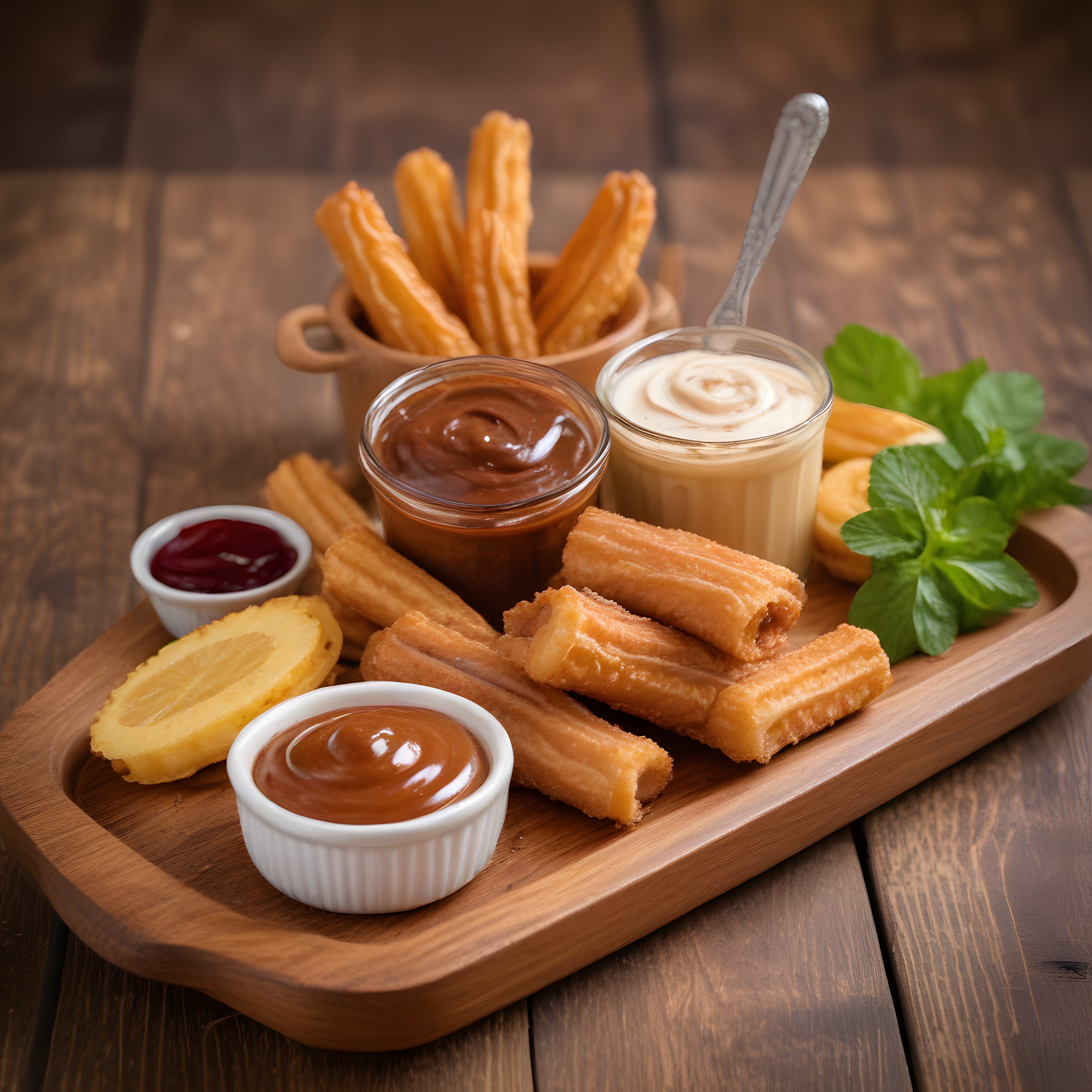Rustik Ahşap Sunumda Çikolata ve Karamel Soslu Çıtır Churros Tabağı