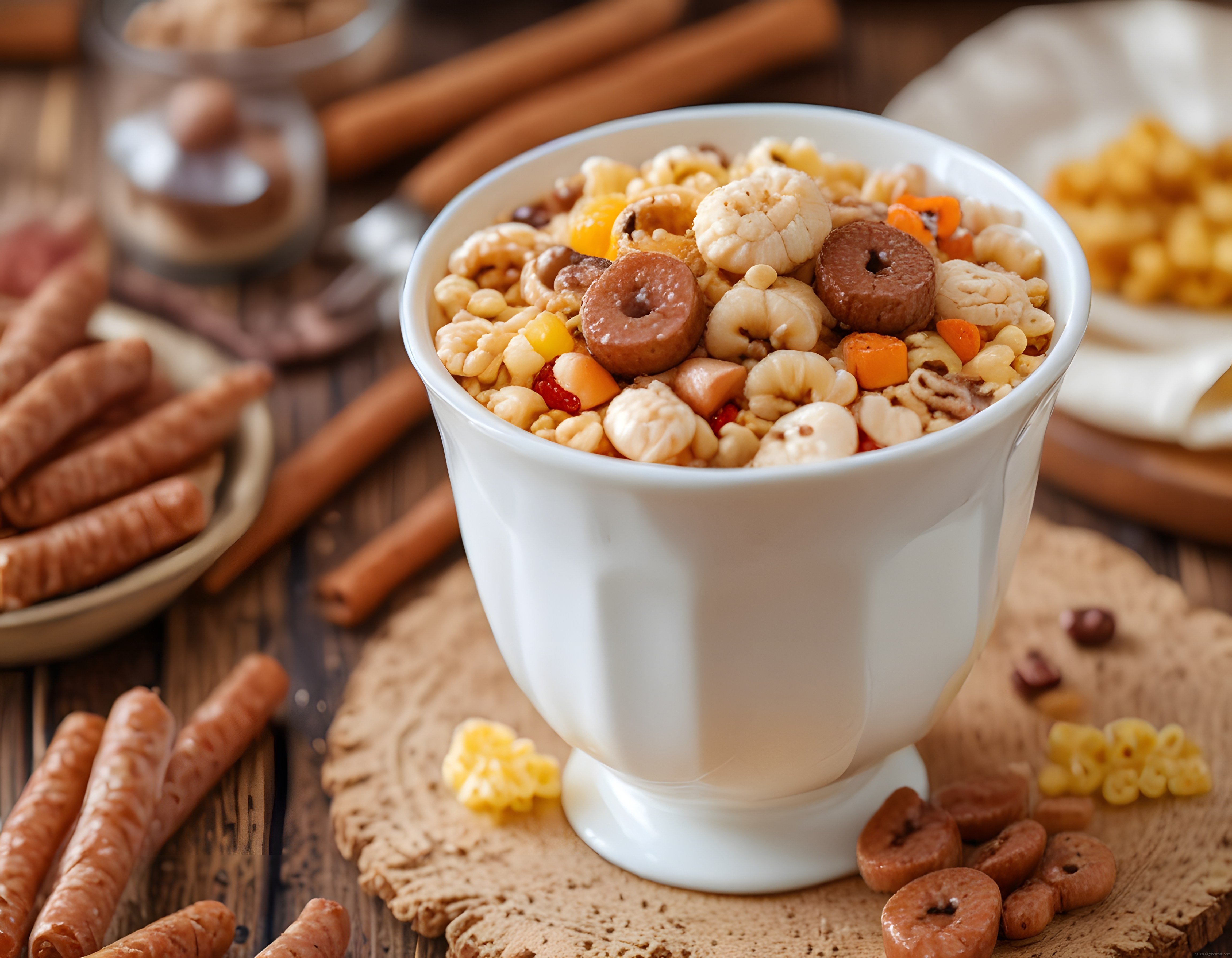 Rustik ahşap sunumda çikolatalı gevrek ve kuru meyveli kahvaltılık müsli kasesi