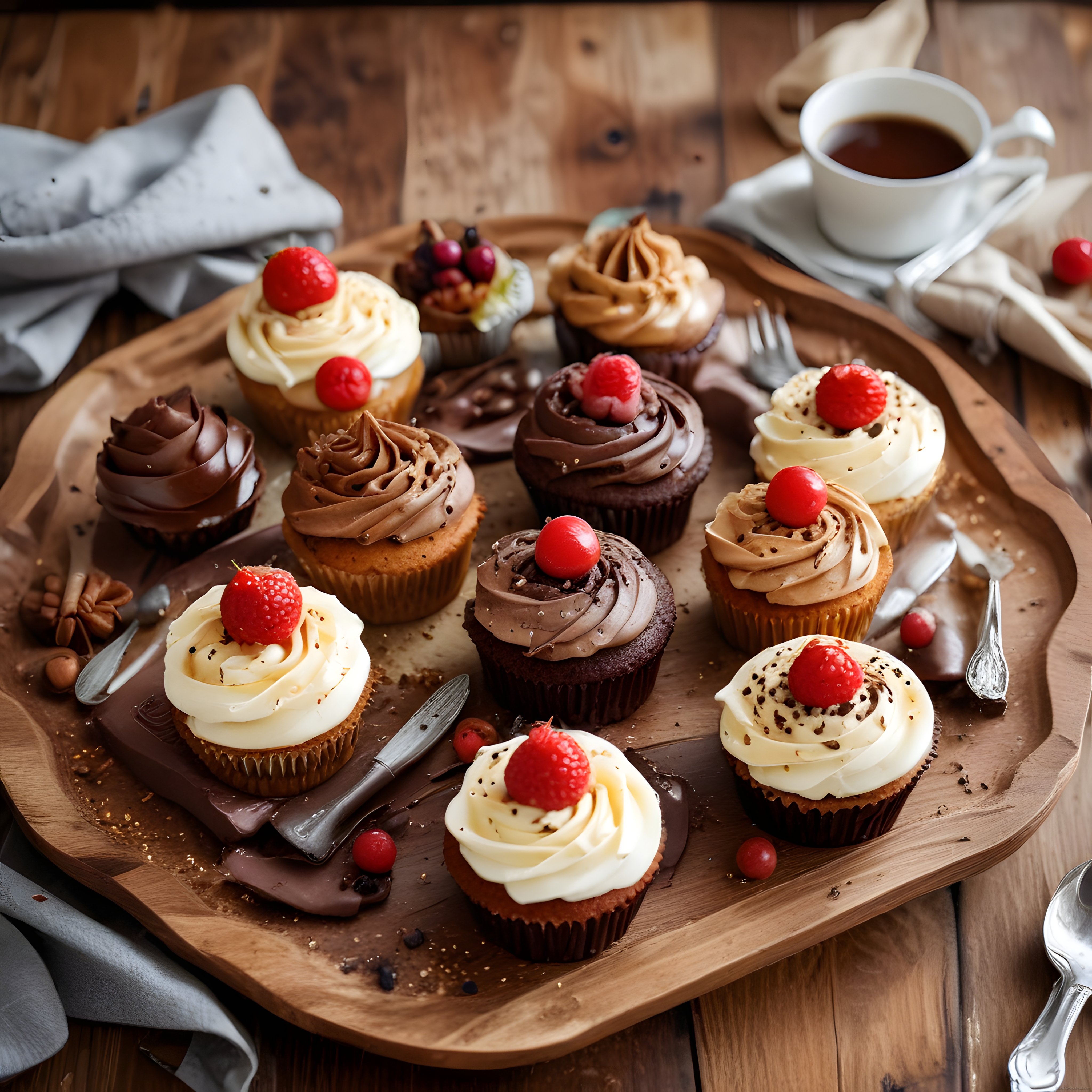 Rustik Ahşap Sunumda Çilek ve Çikolatalı Cupcake Çeşitleri ile Kahve Keyfi