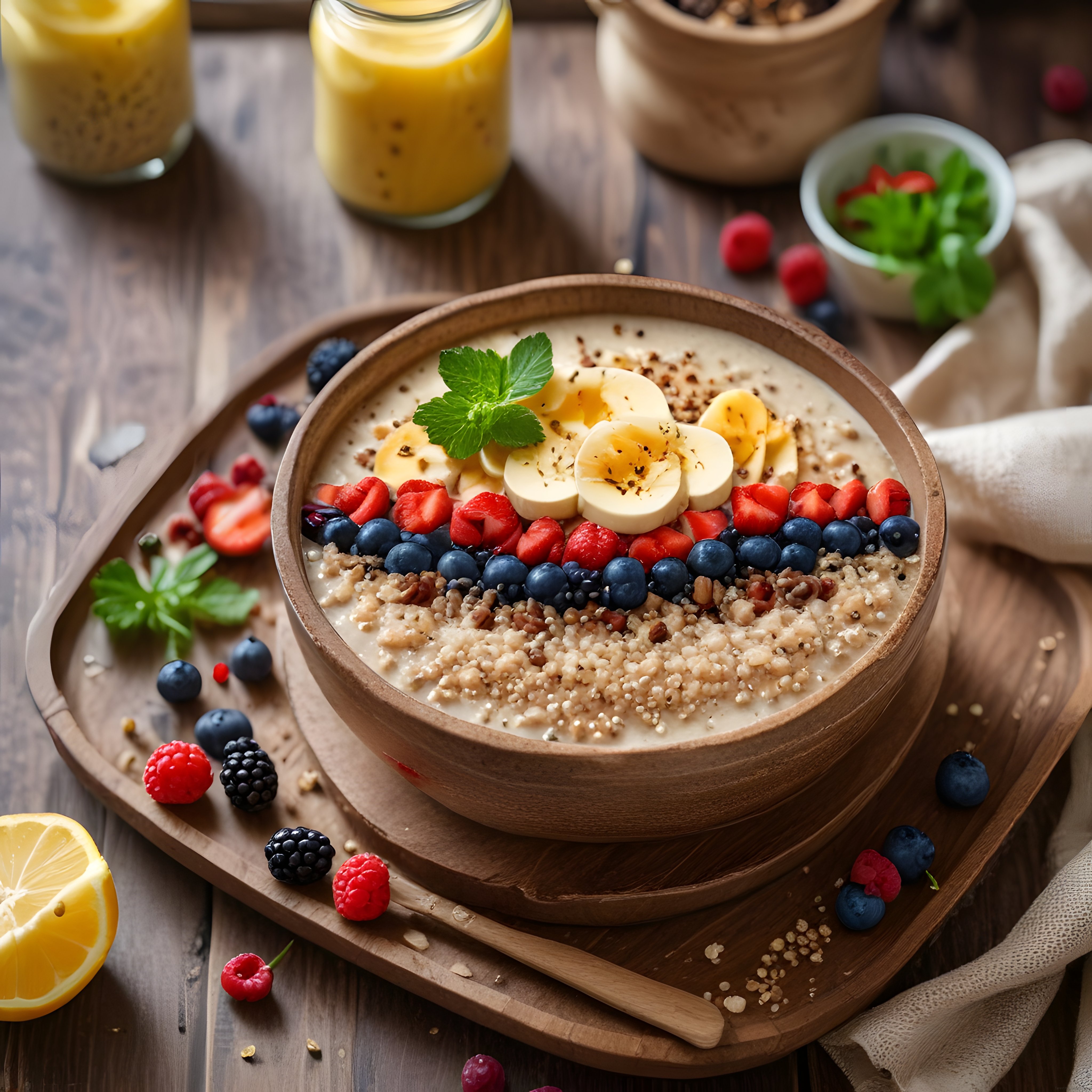 Rustik Ahşap Sunumda Çilekli Yaban Mersinli Muzlu Sağlıklı Smoothie Bowl