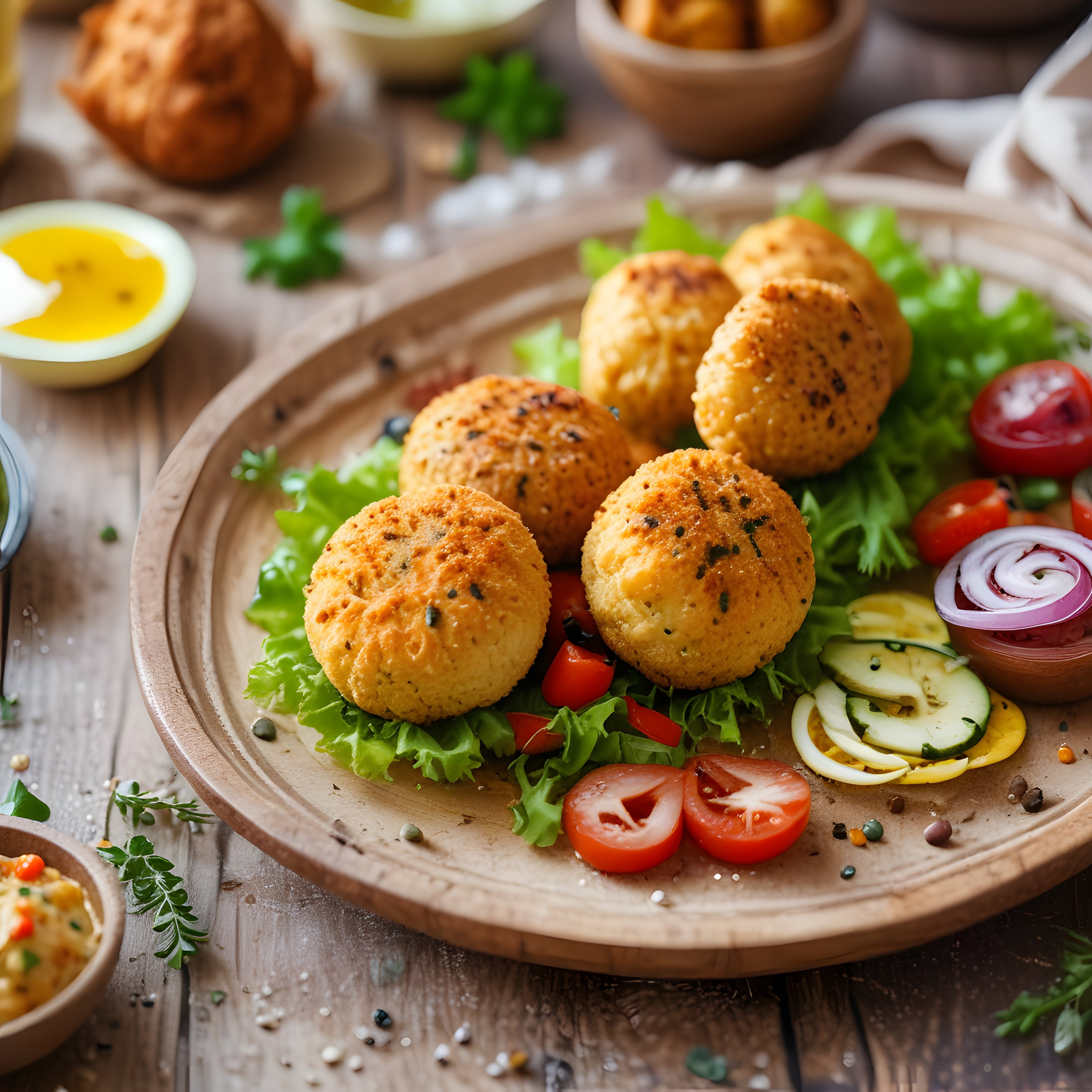 rustik ahşap sunumda çıtır kabuklu peynir kroketleri ve yeşil salata