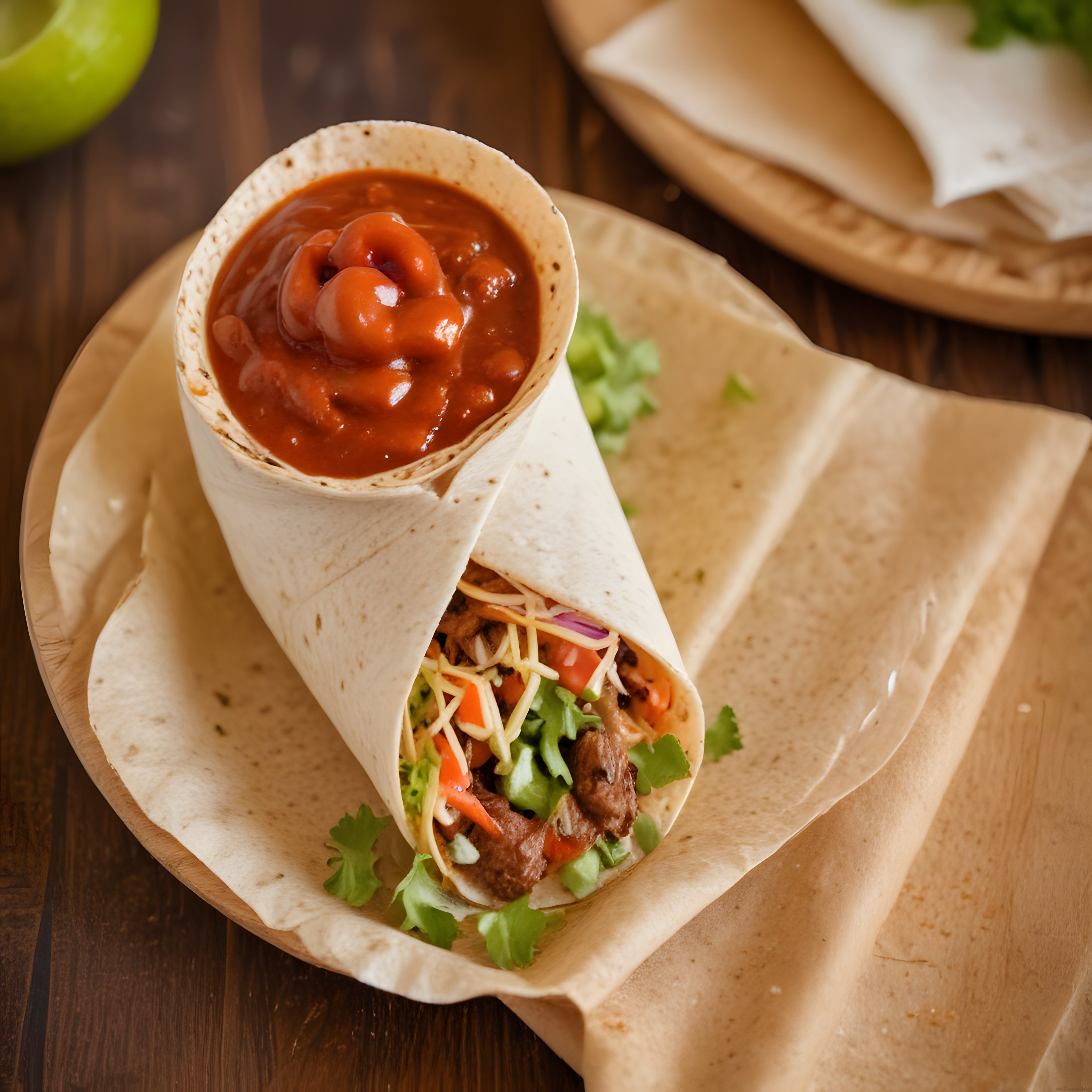 rustik ahşap sunumda domates soslu etli burrito wrap ve renkli taze sebzeler