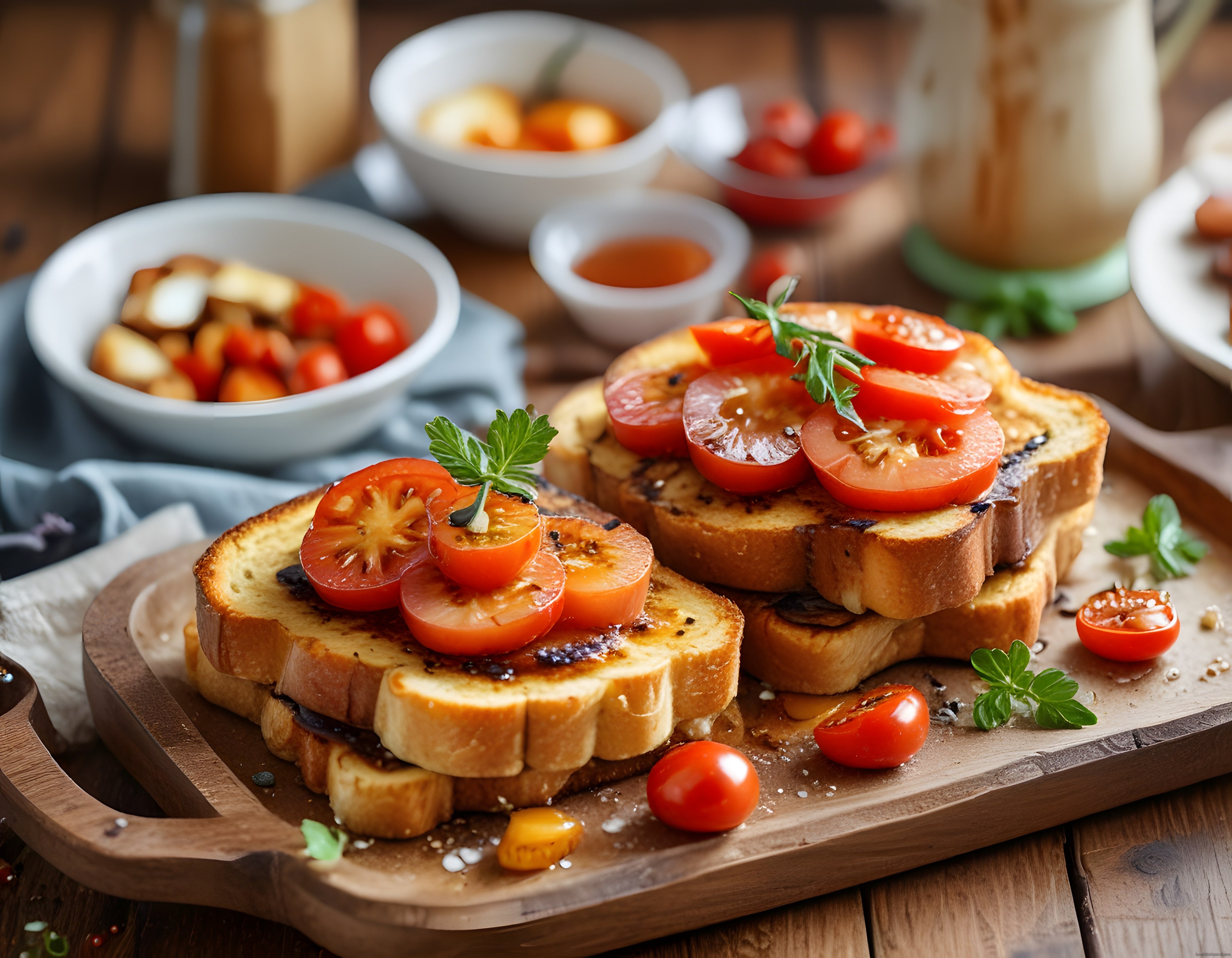 Rustik Ahşap Sunumda Domates ve Yeşillikli Tost Kahvaltı Tabağı
