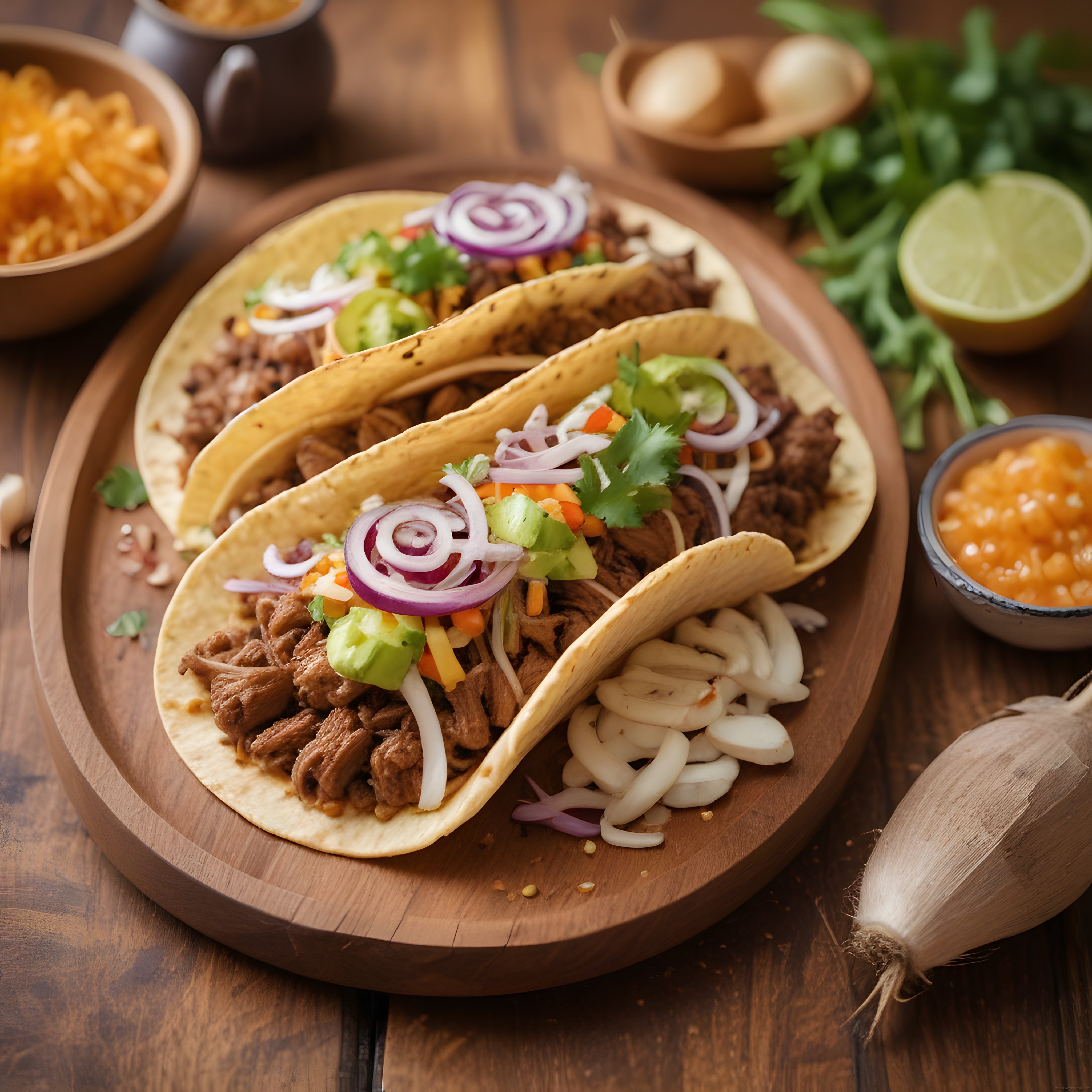 Rustik ahşap sunumda etli taco, avokado, kırmızı soğan ve meksika sosları