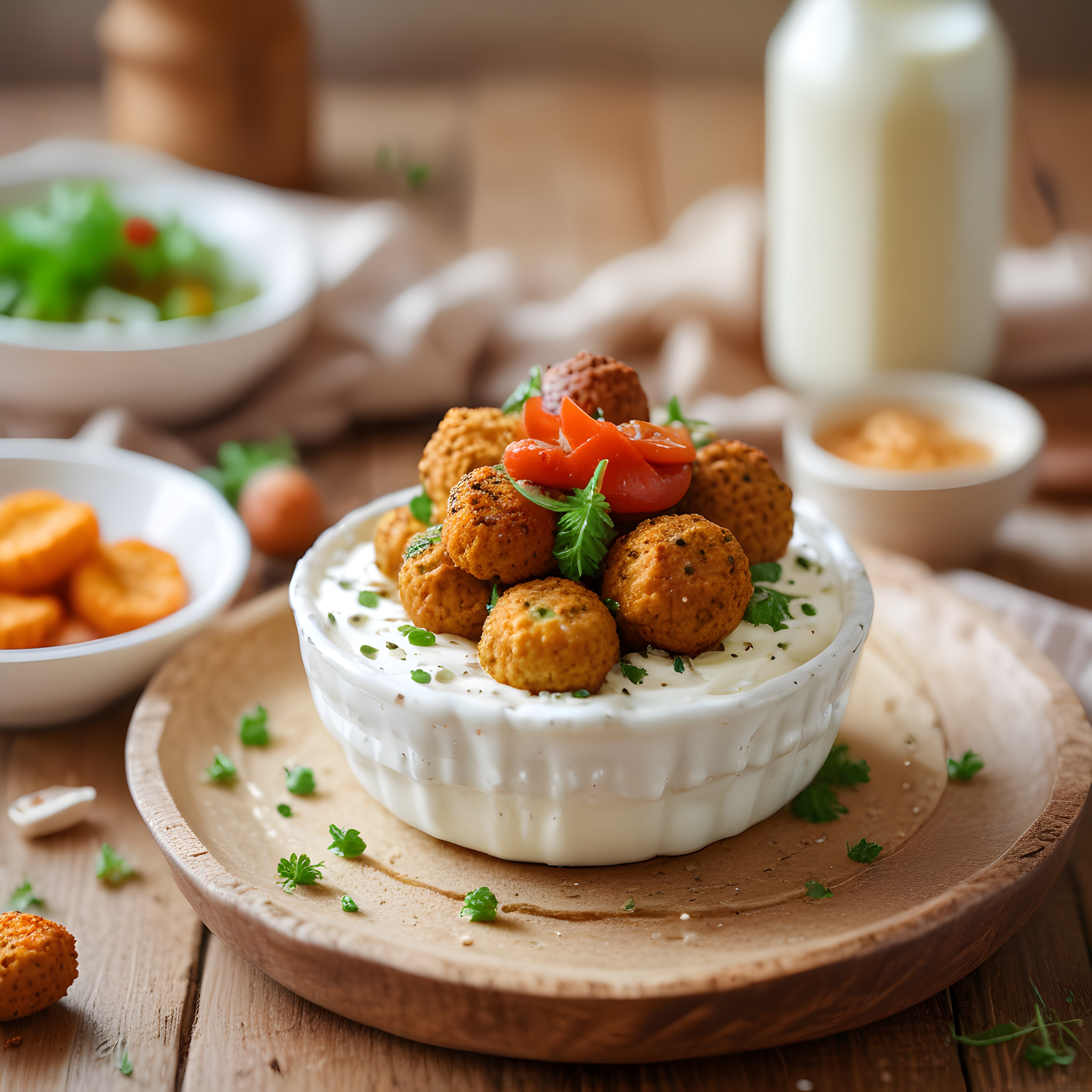 Rustik Ahşap Sunumda Falafel Topları ve Yoğurt Sosu: Lezzet Dolu Anlar