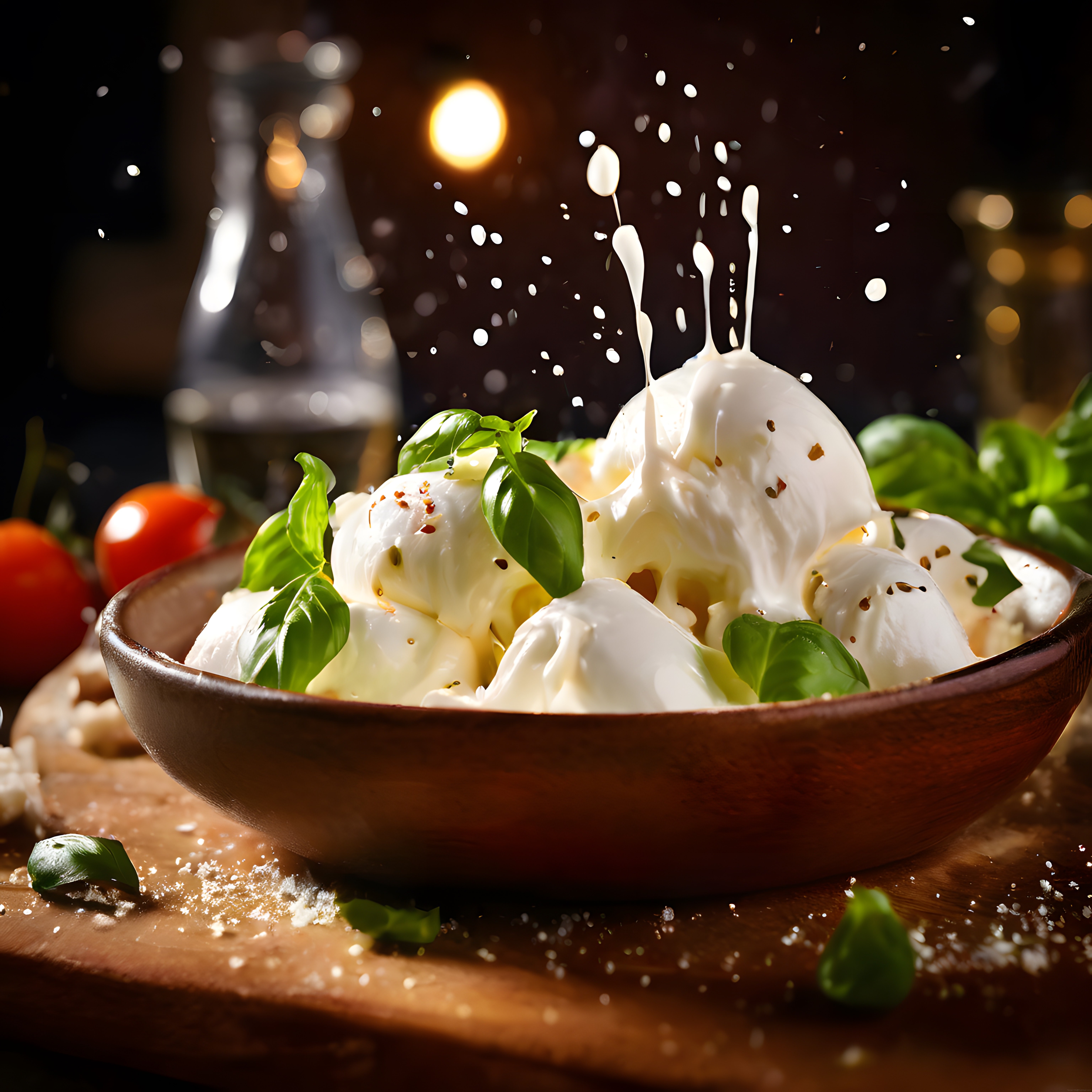 Rustik Ahşap Sunumda Fesleğenli Burrata Peyniri ve Sıçrayan Krema Anı