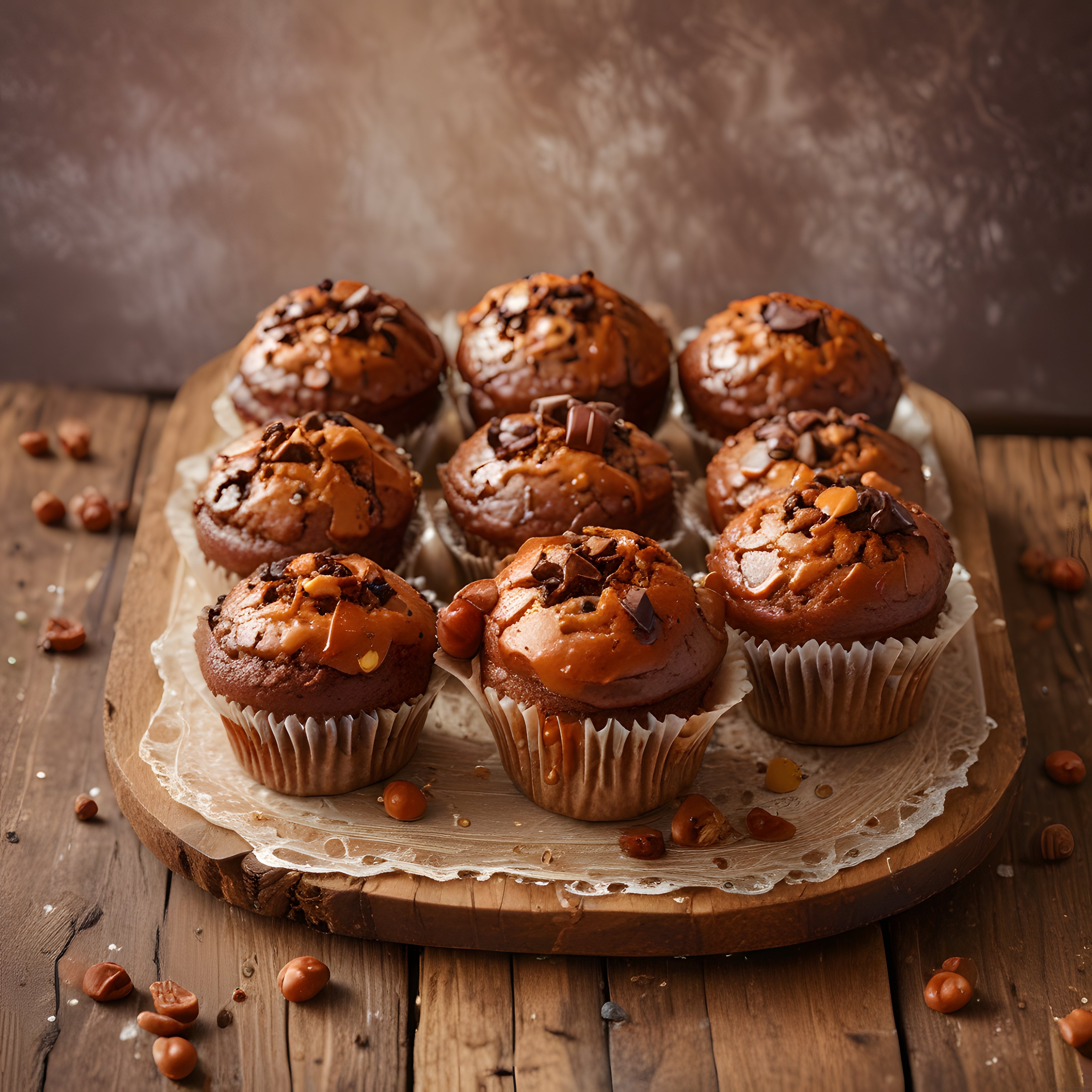 Rustik Ahşap Sunumda Fındıklı Karamel ve Çikolatalı Sıcacık Muffinler
