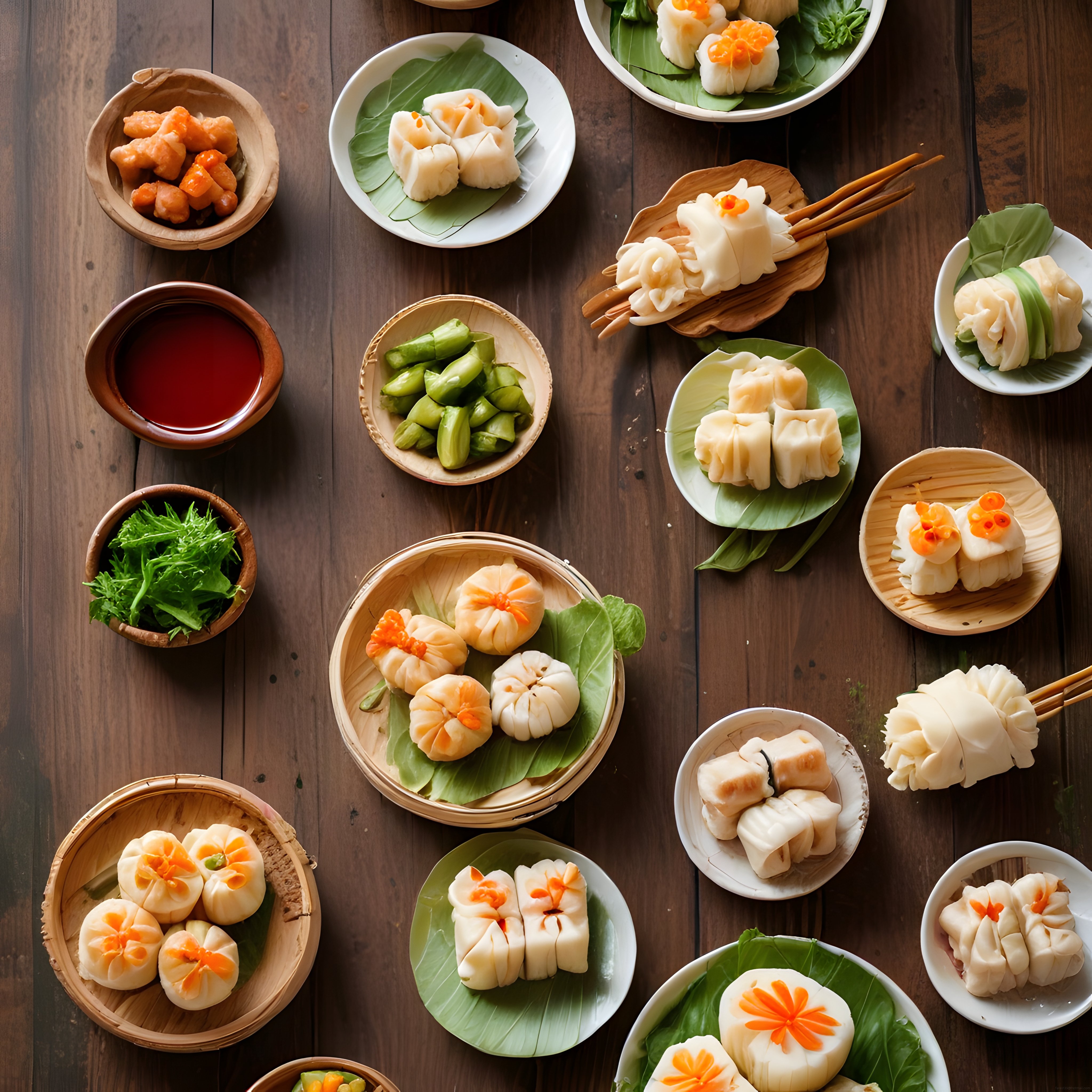 Rustik ahşap sunumda geleneksel buharda pişmiş asya mantısı ve dim sum tabağı