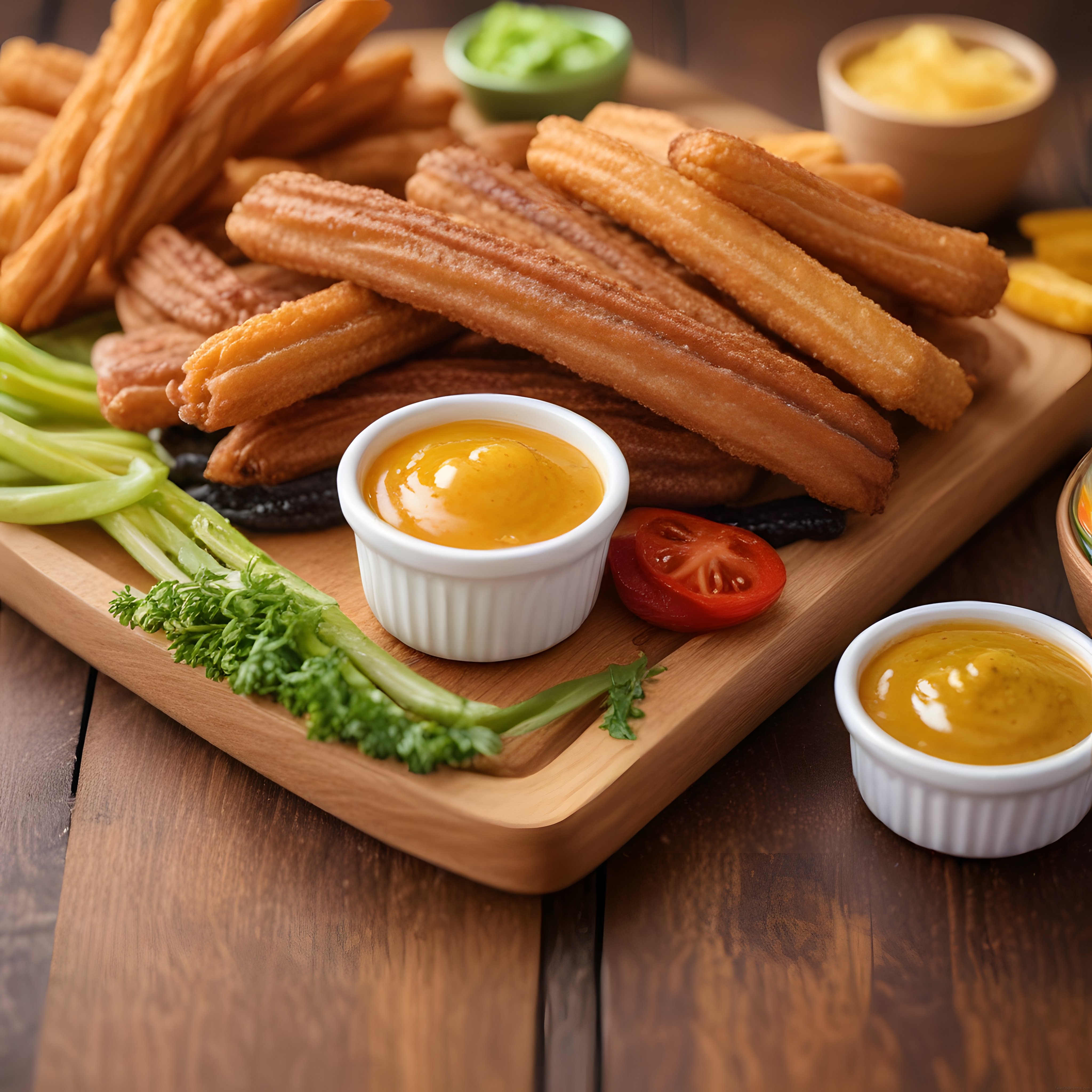 rustik ahşap sunumda hardal soslu çıtır pretzel çubukları ve garnitürler
