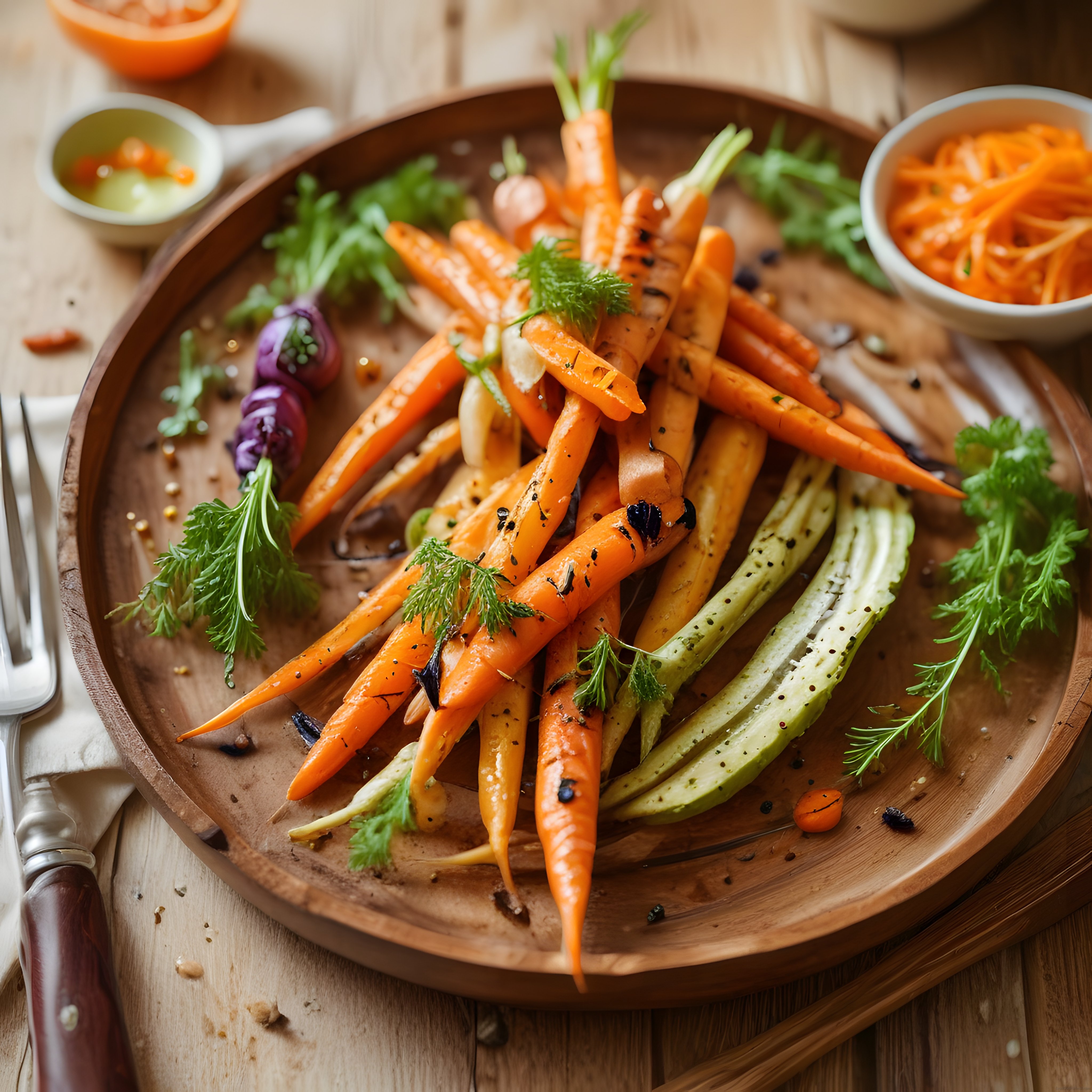 Rustik Ahşap Sunumda Izgara Havuç, Avokado ve Taze Otlarla Vegan Tabak