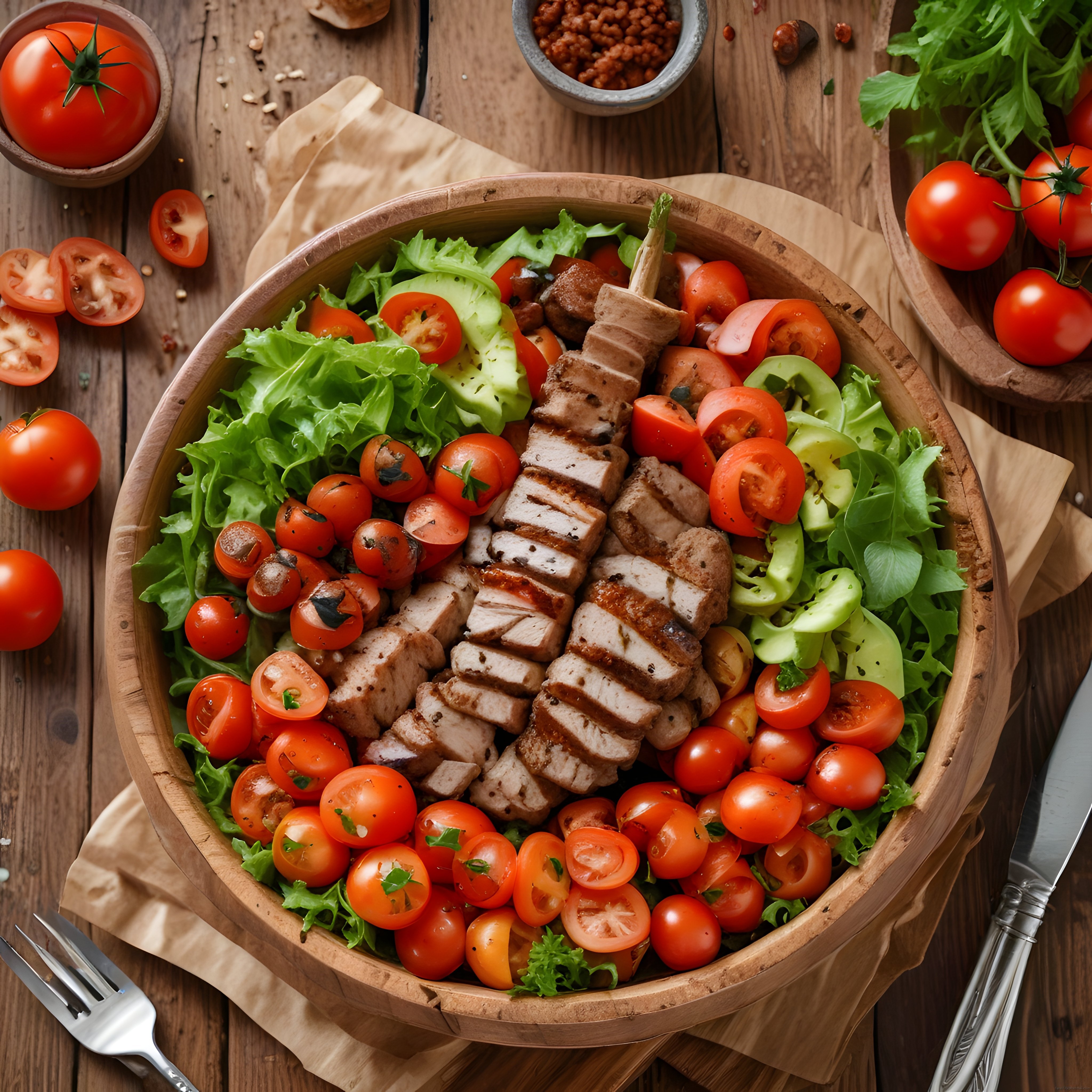 Rustik Ahşap Sunumda Izgara Tavuklu Avokadolu ve Domatesli Salata Kasesi