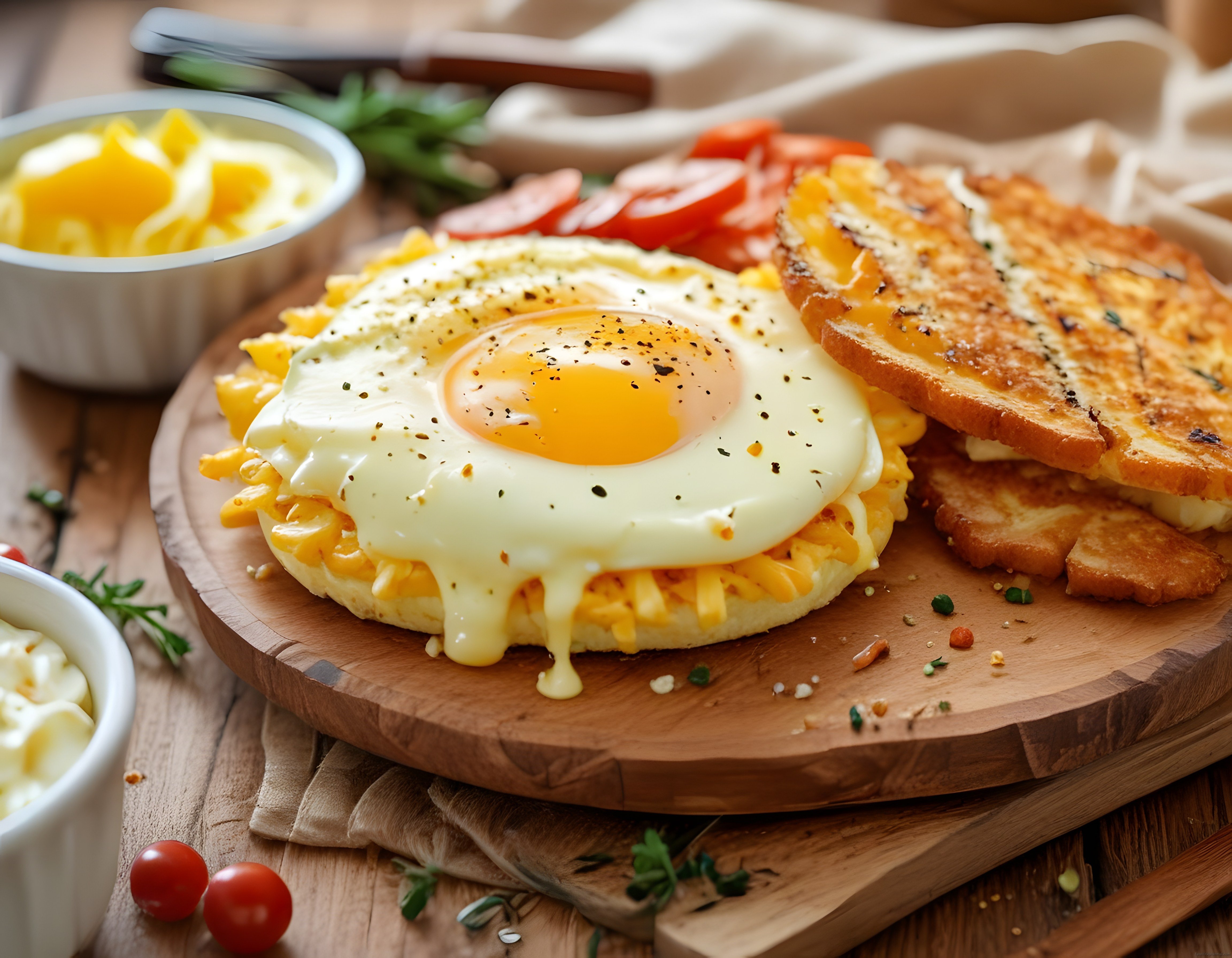 Rustik Ahşap Sunumda Kahvaltı Keyfi: Yumurta, Peynir ve Kızarmış Ekmek