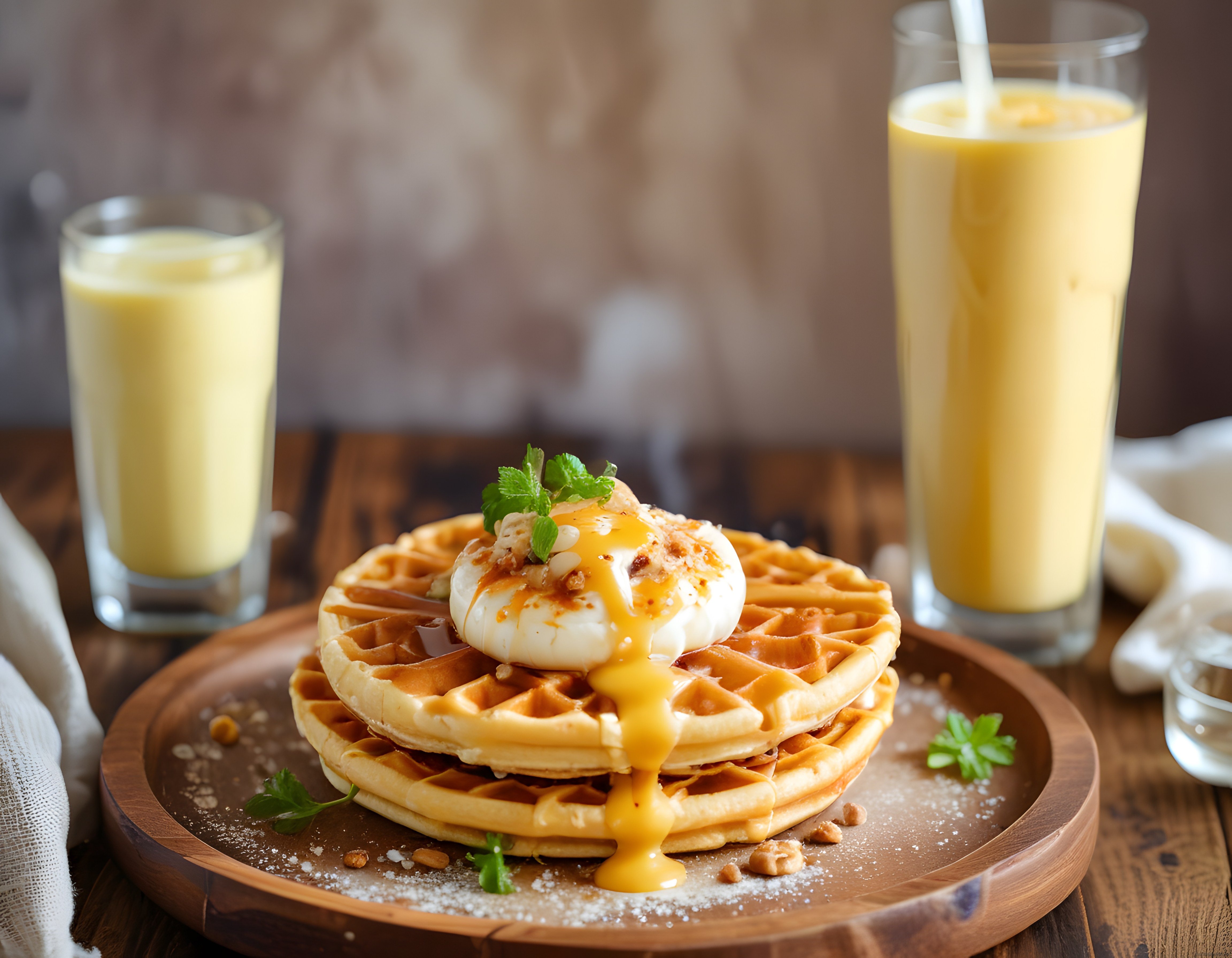 Rustik Ahşap Sunumda Karamel Soslu Waffle ve Krema: Kahvaltı Daveti