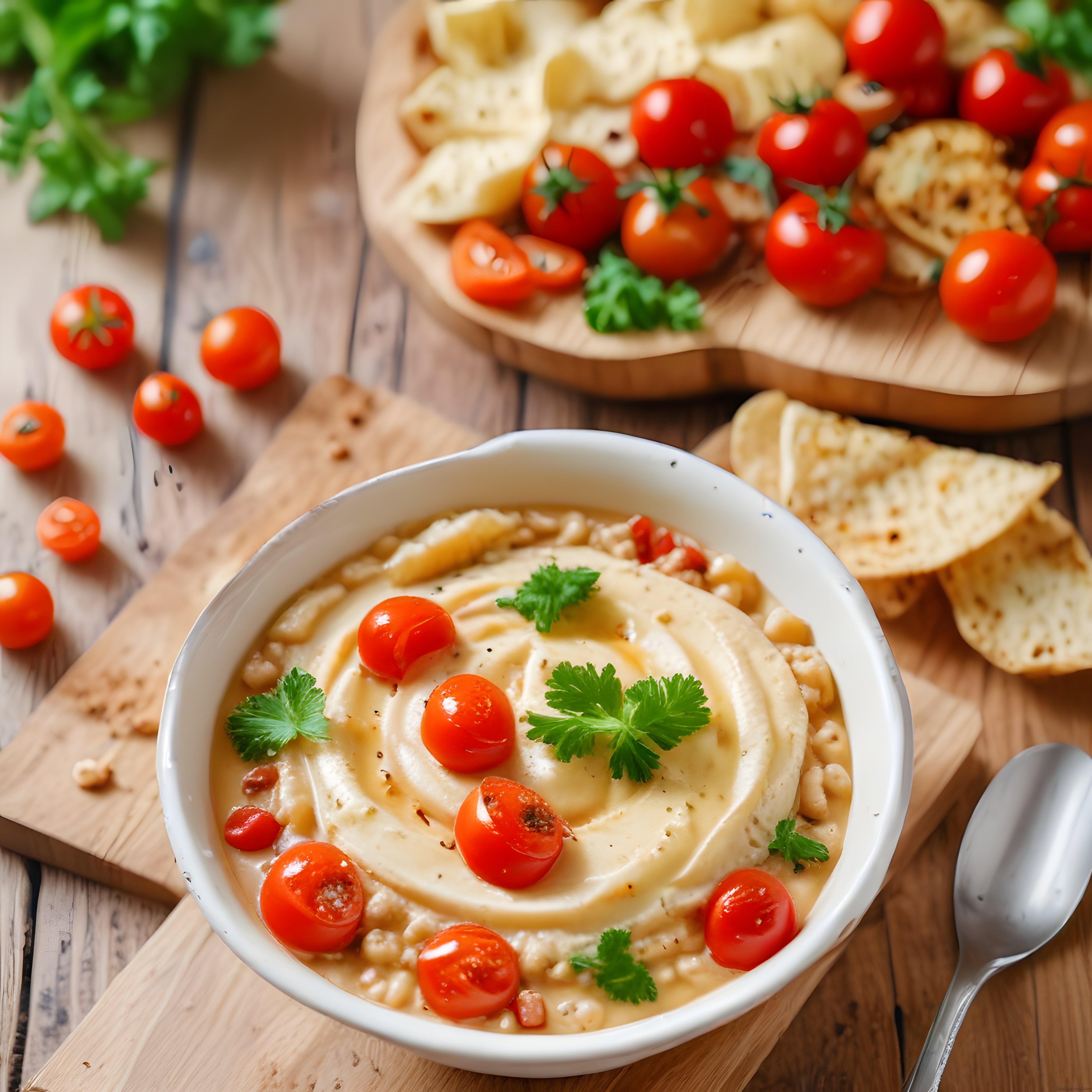 Rustik Ahşap Sunumda Kiraz Domates ve Kişnişli Ev Yapımı Humus Tabağı