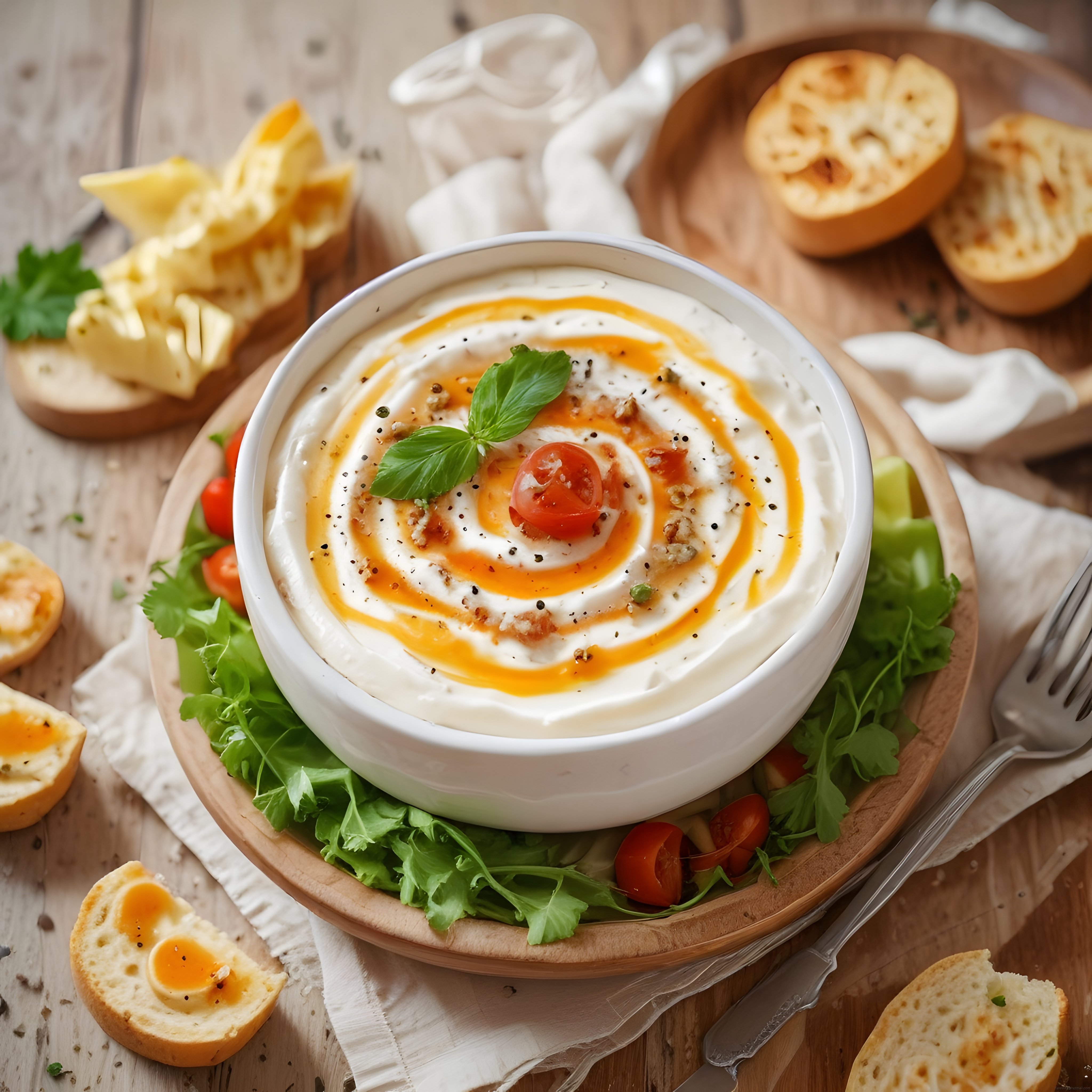 rustik ahşap sunumda kızarmış ekmek ve taze yeşillik eşliğinde fesleğenli labne meze