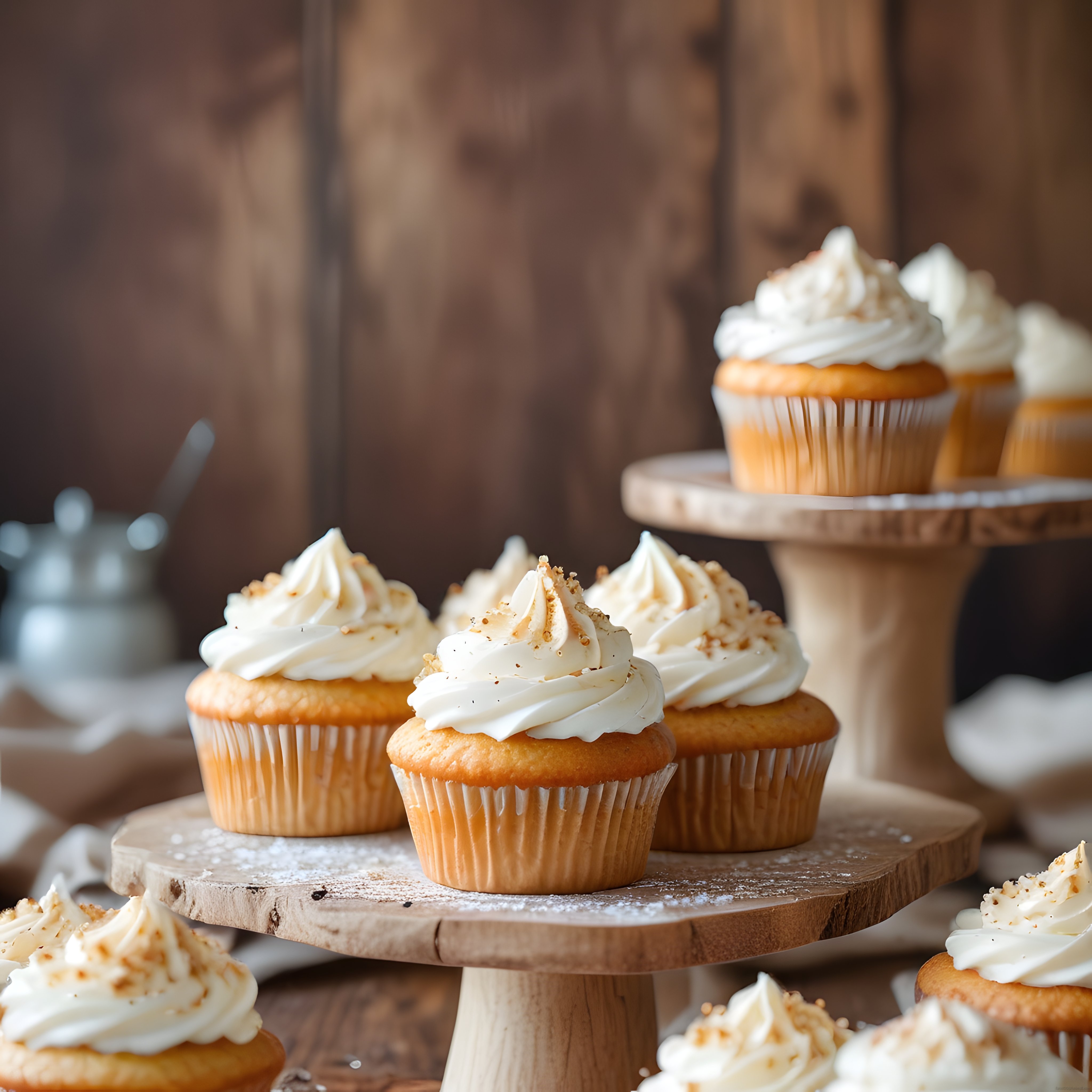 Rustik Ahşap Sunumda Krema Süslü Ev Yapımı Vanilya Cupcakeler