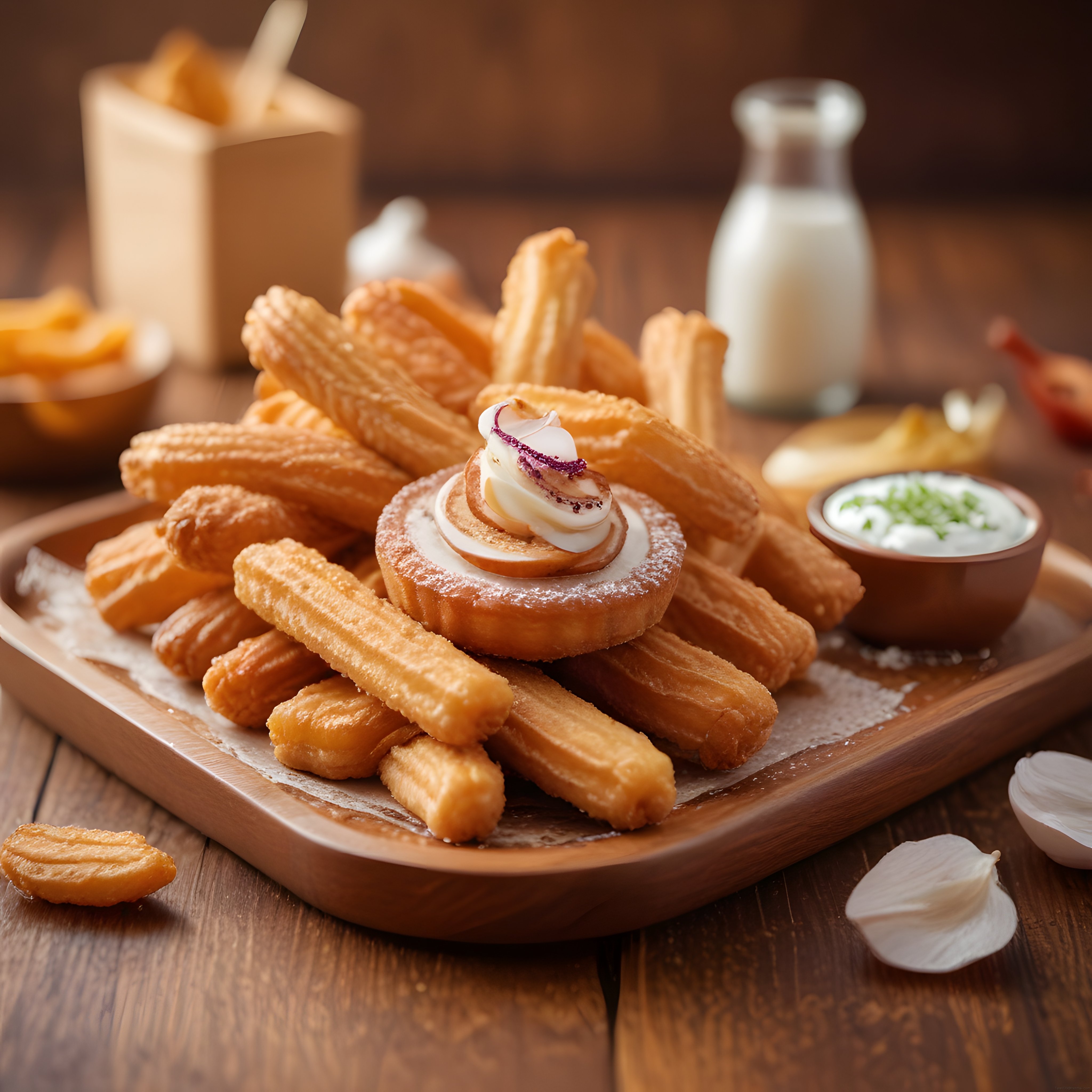 Rustik Ahşap Sunumda Kremalı Churros ve Soslar ile Tatlı Keyfi