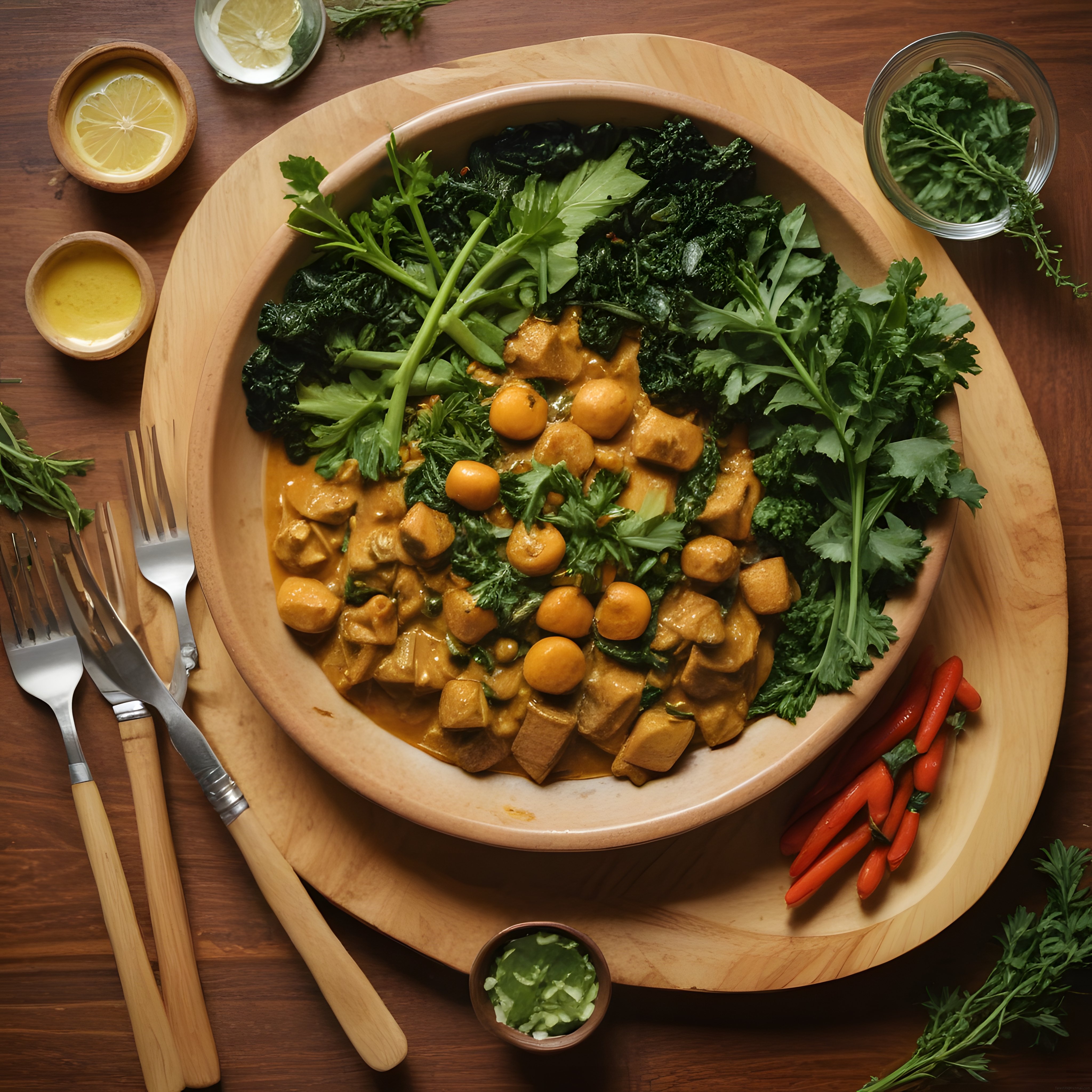 Rustik ahşap sunumda kremalı nohutlu vegan köri ve taze yeşillikler