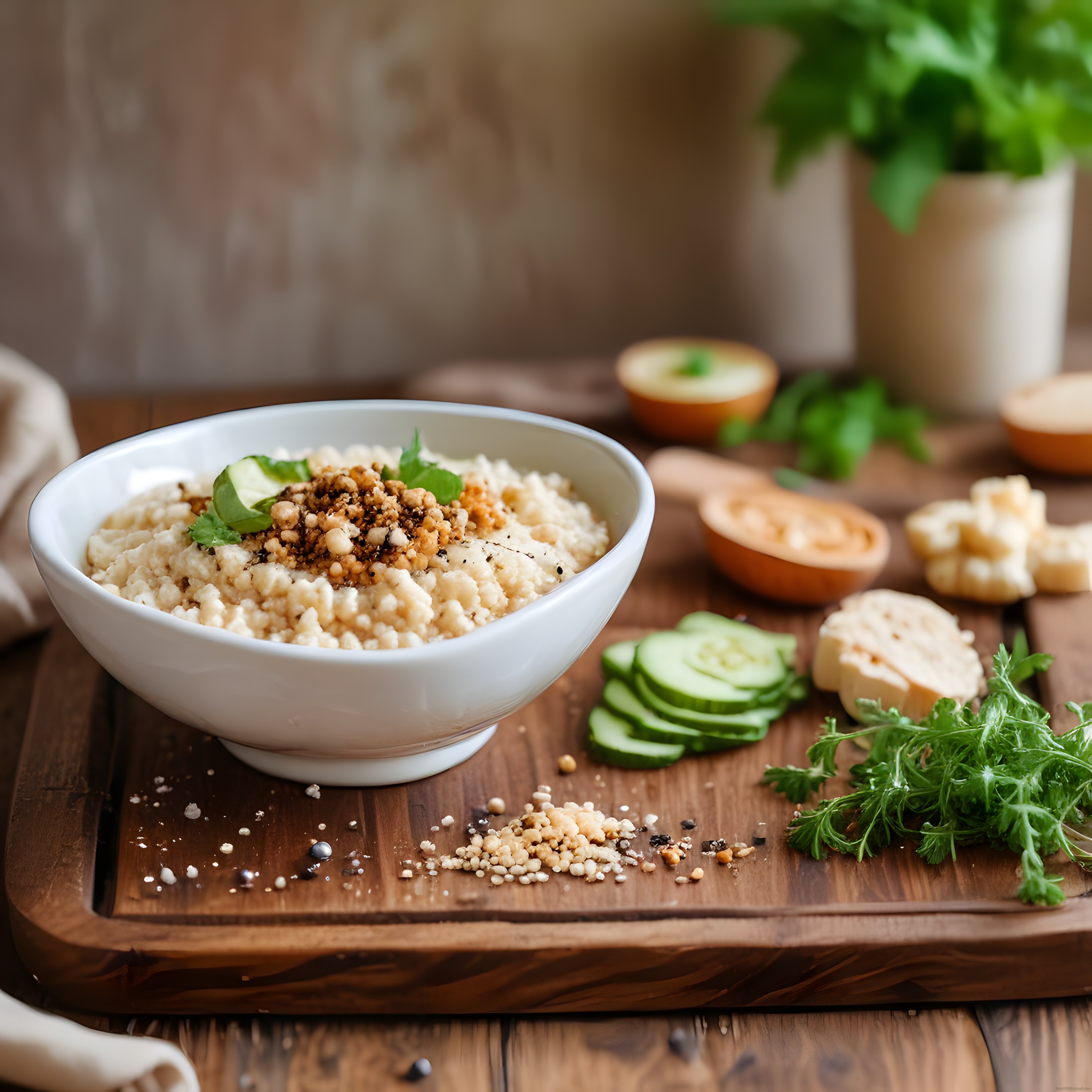 rustik ahşap sunumda kuskus salatası, feta peyniri ve taze yeşillikler