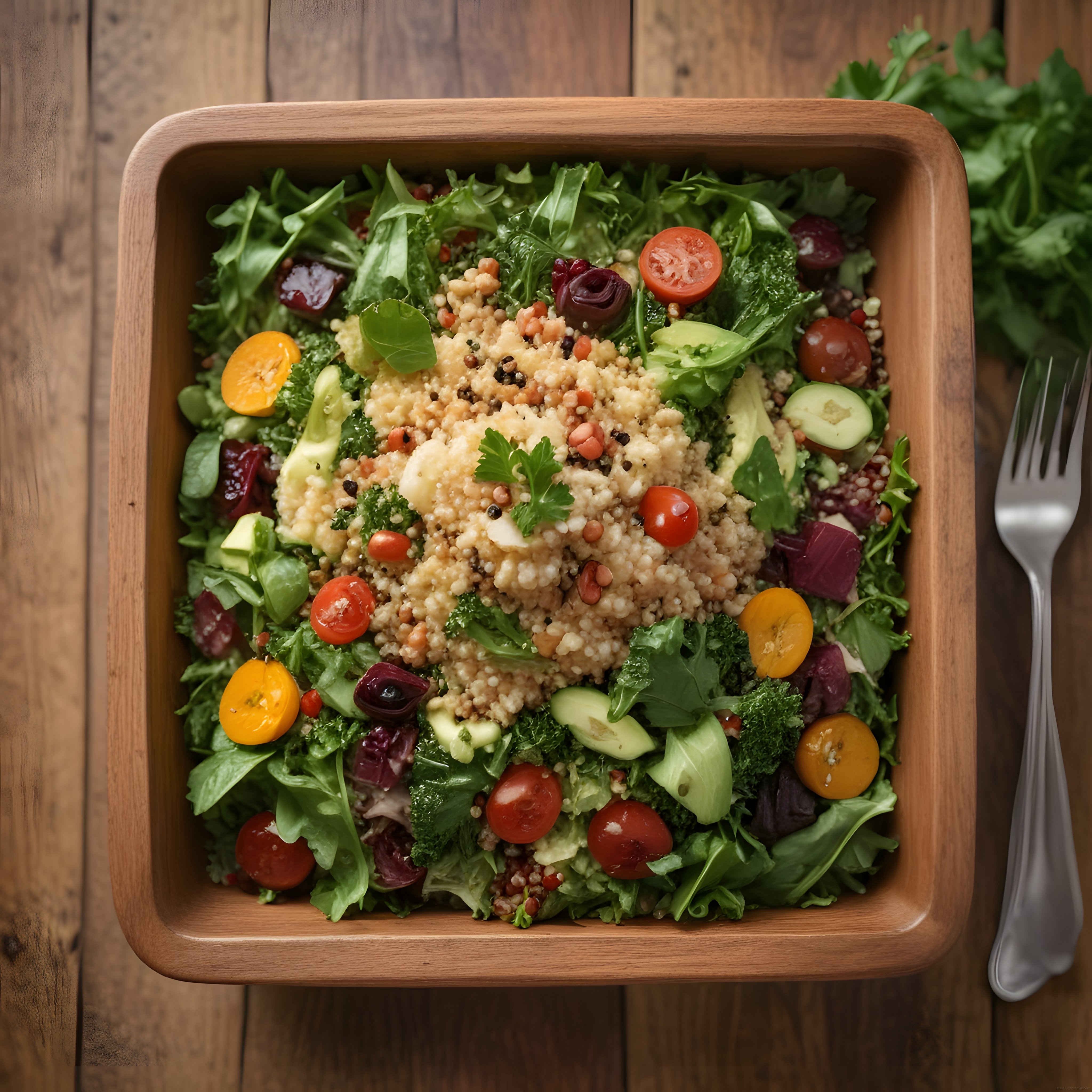 rustik ahşap sunumda kuskuslu avokadolu ve humuslu taze salata