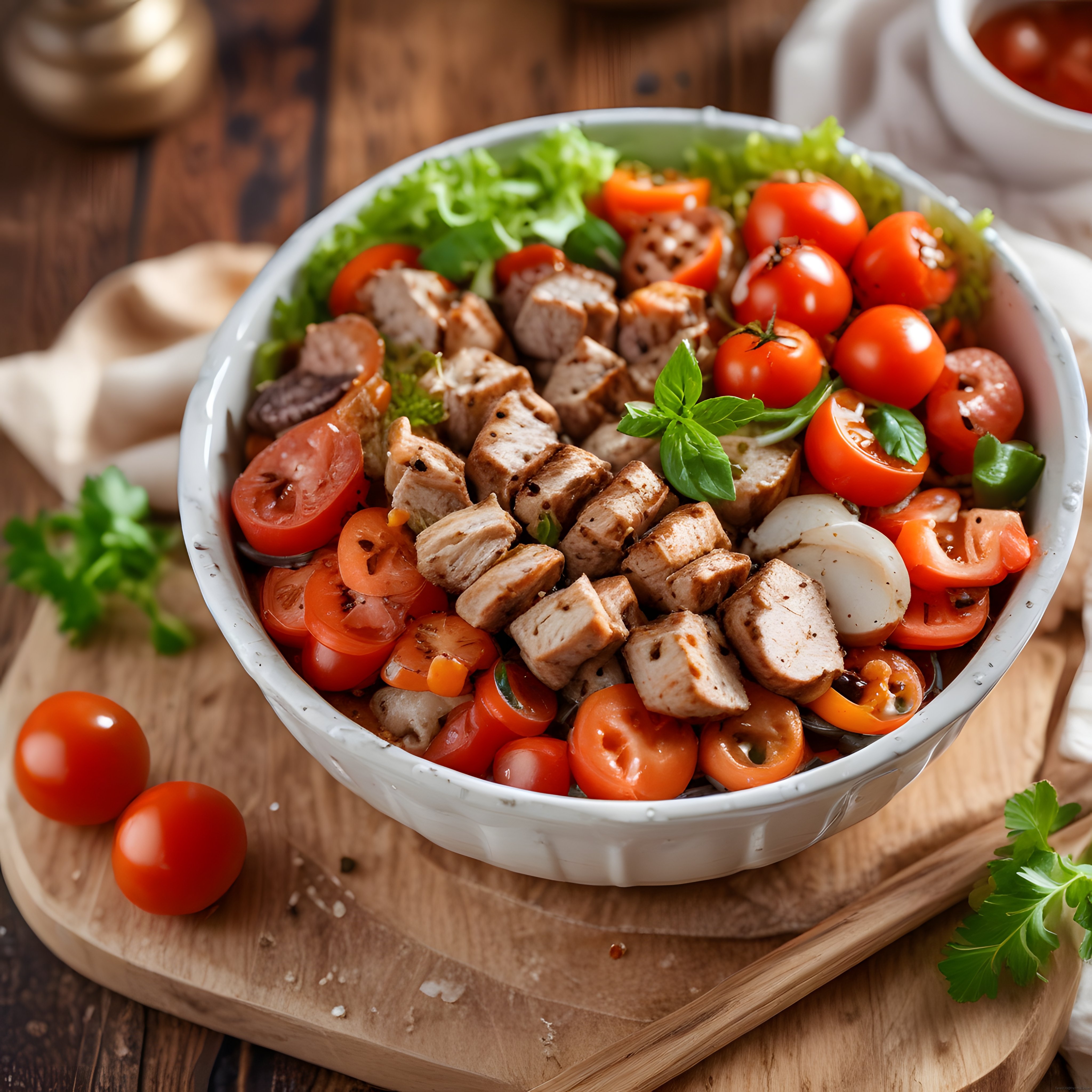 Rustik Ahşap Sunumda Marine Tavuklu ve Organik Sebzeli Besleyici Salata Kasesi