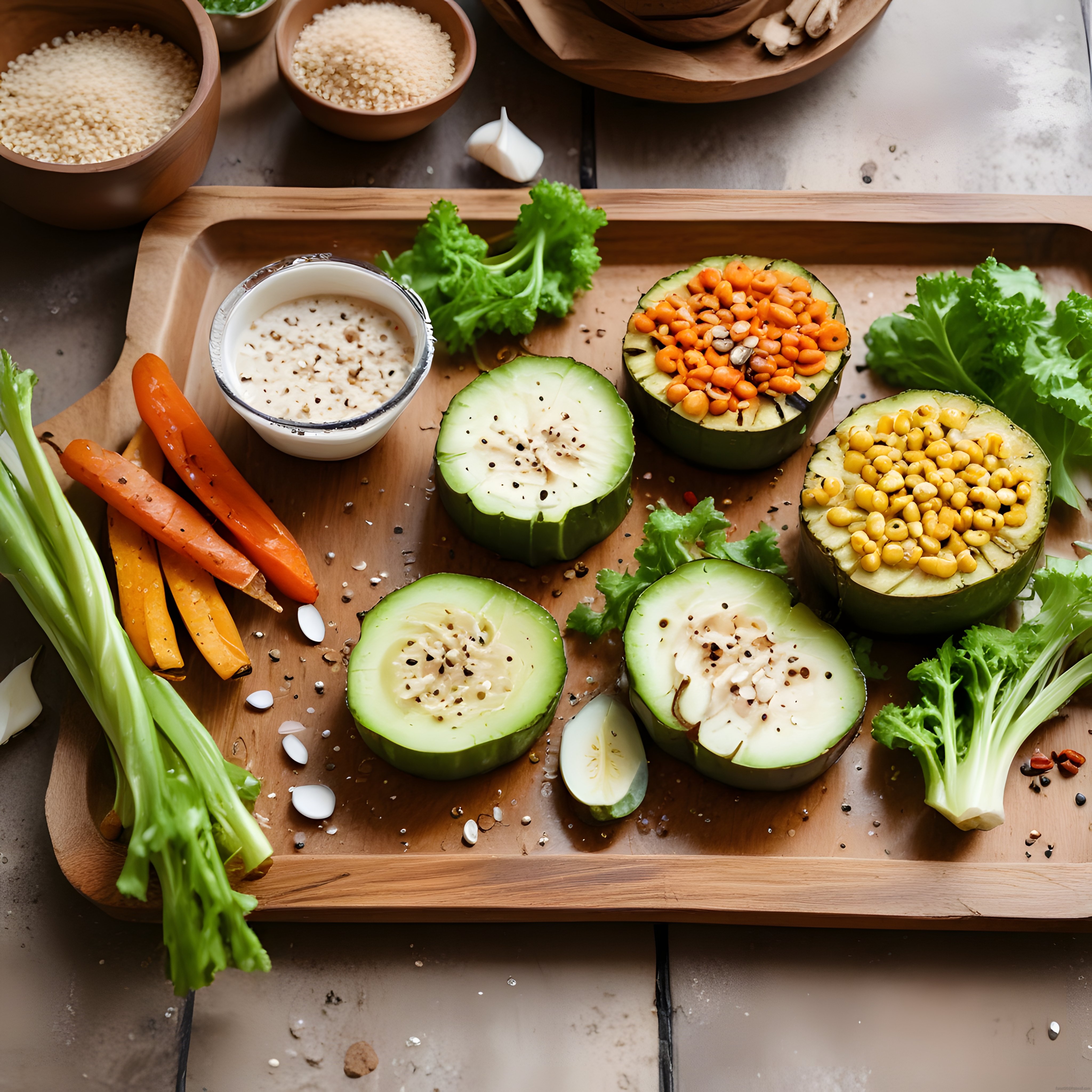 Rustik Ahşap Sunumda Mercimek Dolgulu Vegan Kabak ve Taze Bahçe Sebzeleri