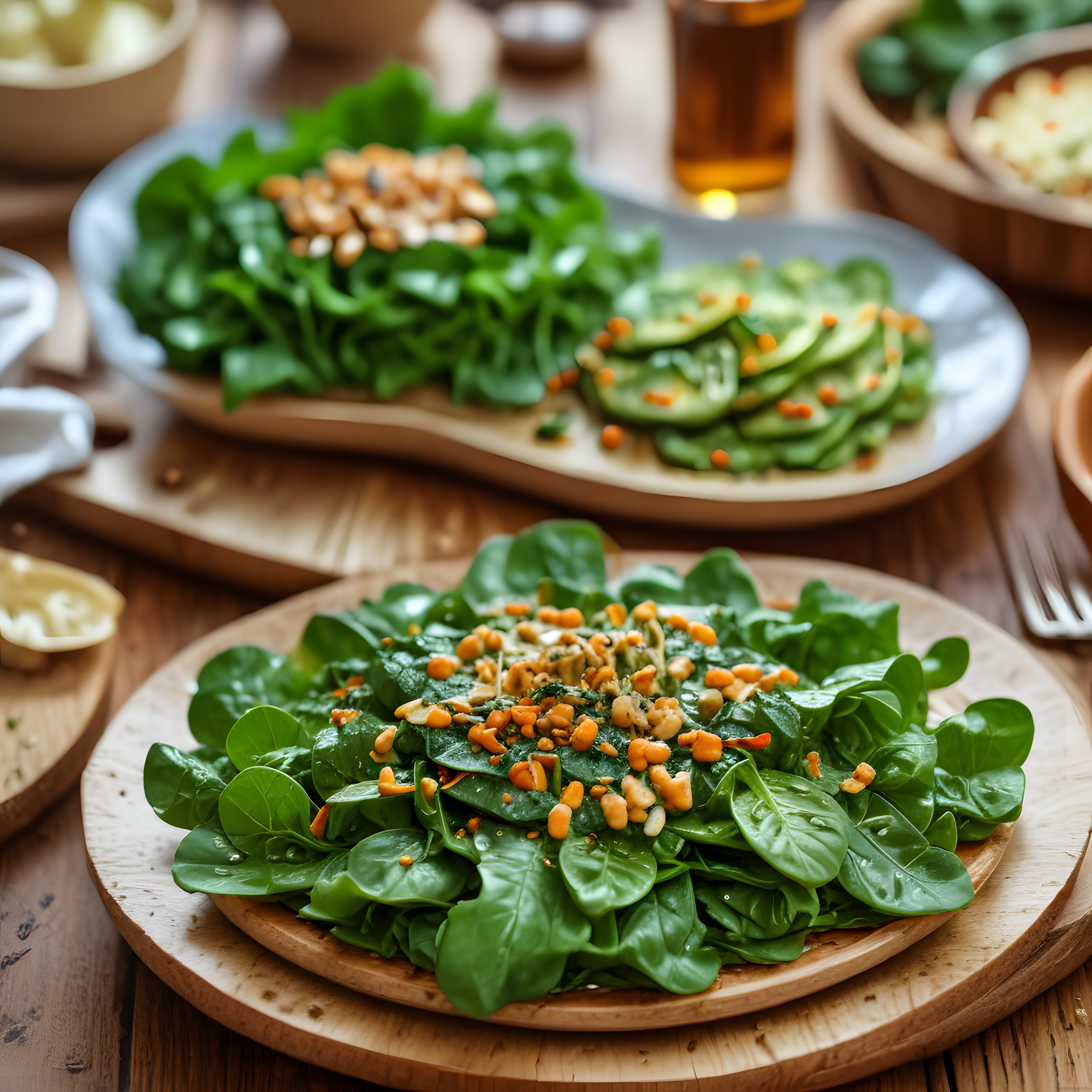 Rustik ahşap sunumda mercimekli ıspanak salatası ve sağlıklı beslenme