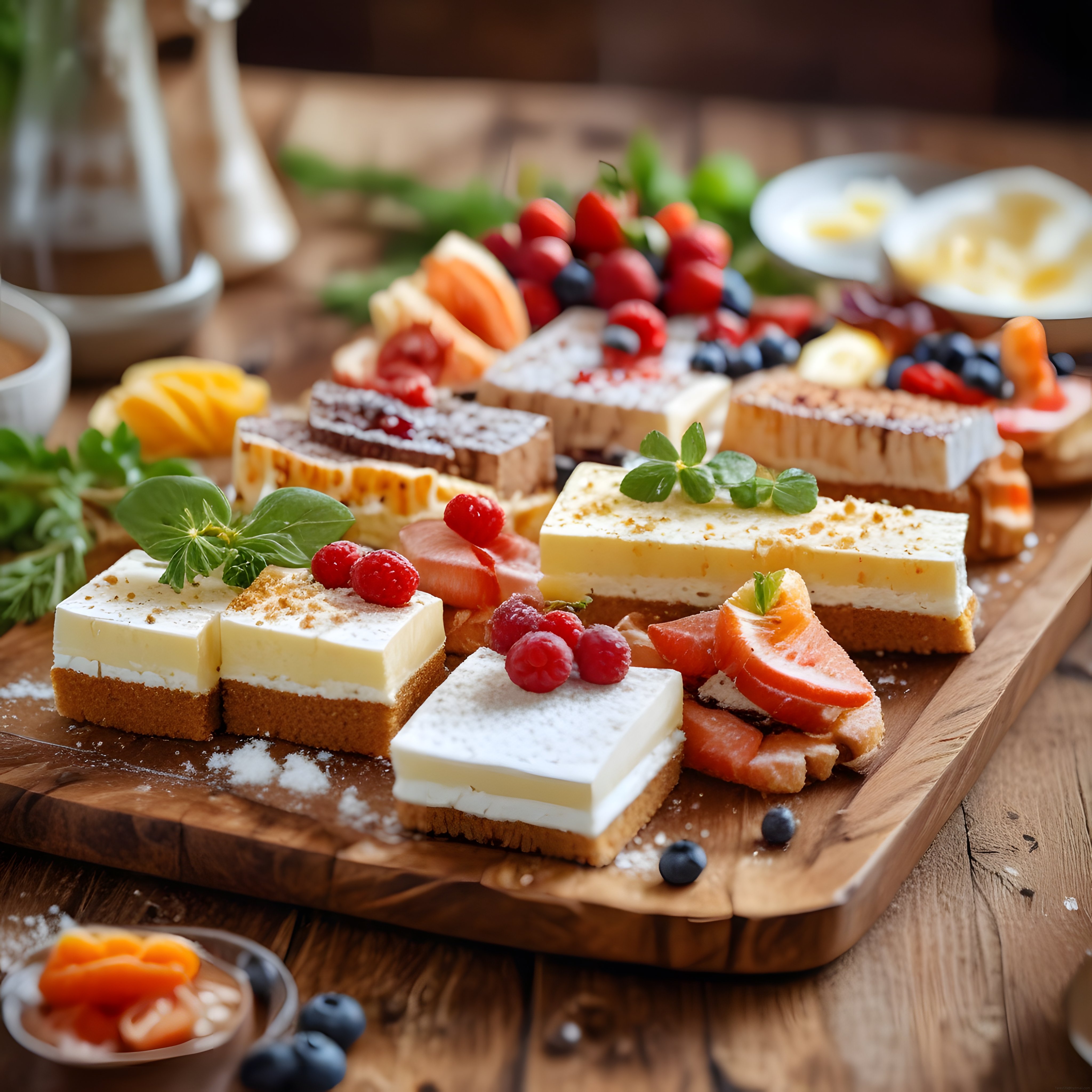 Rustik Ahşap Sunumda Meyveli Cheesecake Dilimleri ve Taze Meyveler